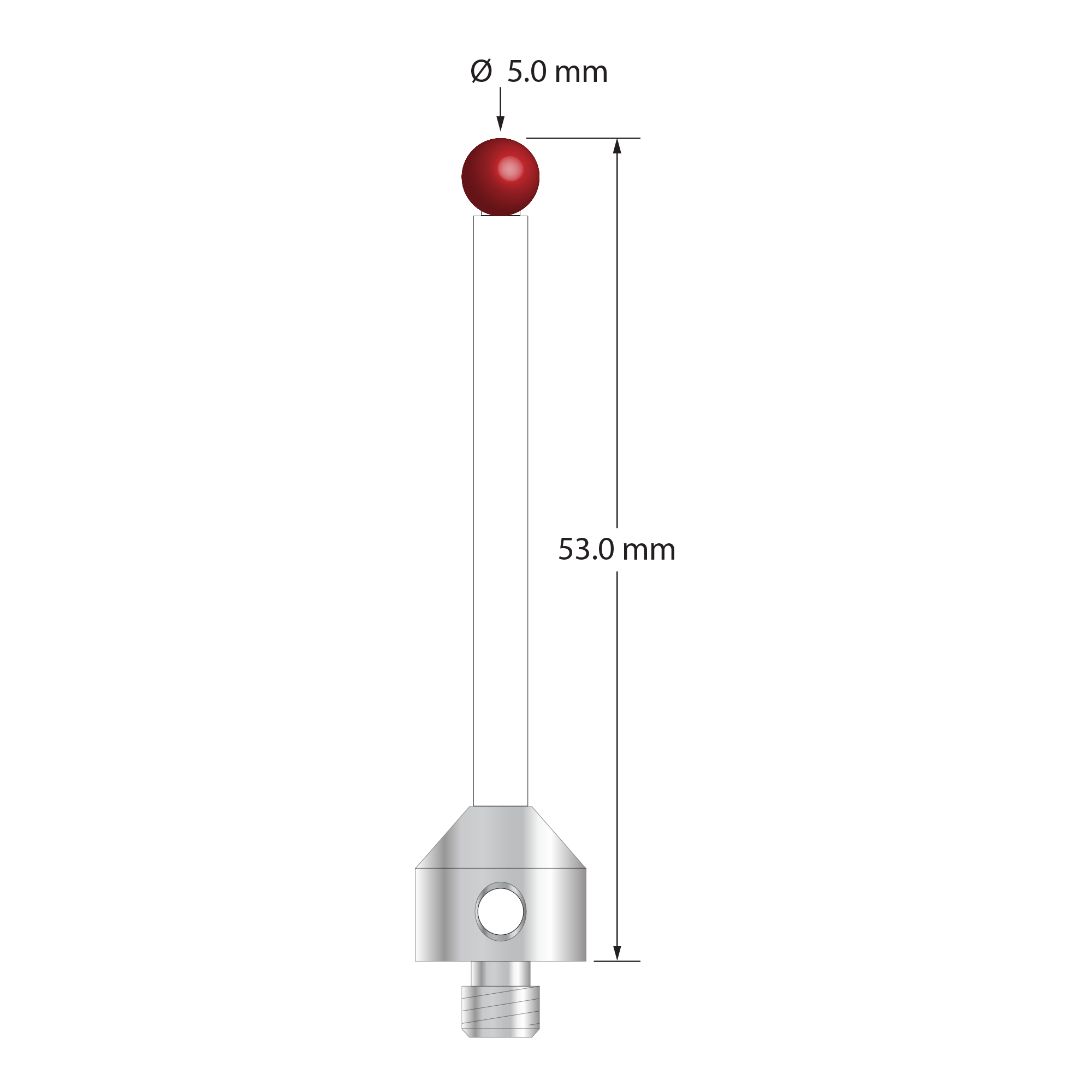 M5 stylus with 5.0 mm diameter ruby ball, 3.5 mm diameter ceramic stem, and 11.0 mm diameter x 10.0 mm long hard anodized aluminum base. Overall stylus length is 53.0 mm. Stylus weight is 3.38 grams. Compare to Zeiss 600342-8013-000.