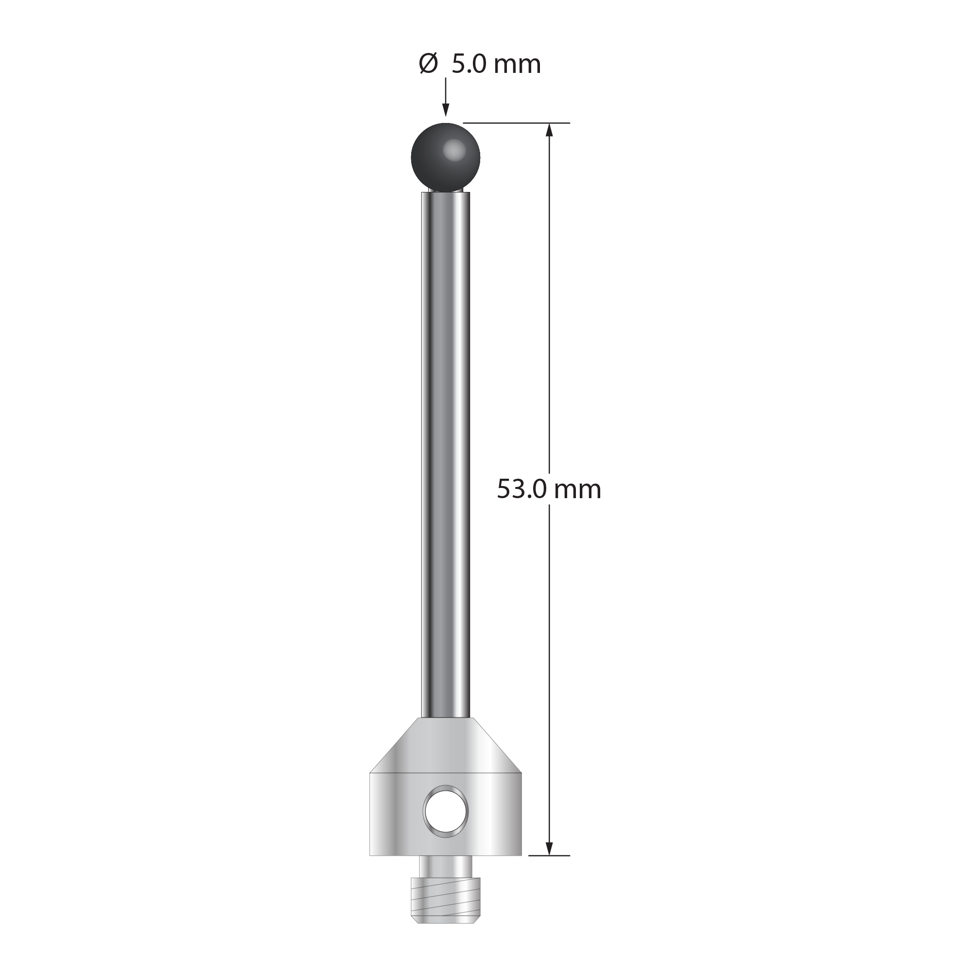 M5 stylus with 5.0 mm diameter silicon nitride ball, 3.5 mm diameter carbide stem, and 11.0 mm diameter x 10.0 mm long stainless steel base. Overall stylus length is 53.0 mm. Stylus weight is 11.59 grams. Compare to Zeiss 626115-0501-053 and Renishaw A-5555-3792.