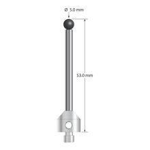 M5 stylus with 5.0 mm diameter silicon nitride ball, 3.5 mm diameter carbide stem, and 11.0 mm diameter x 10.0 mm long stainless steel base. Overall stylus length is 53.0 mm. Stylus weight is 11.59 grams. Compare to Zeiss 626115-0501-053 and Renishaw A-5555-3792.