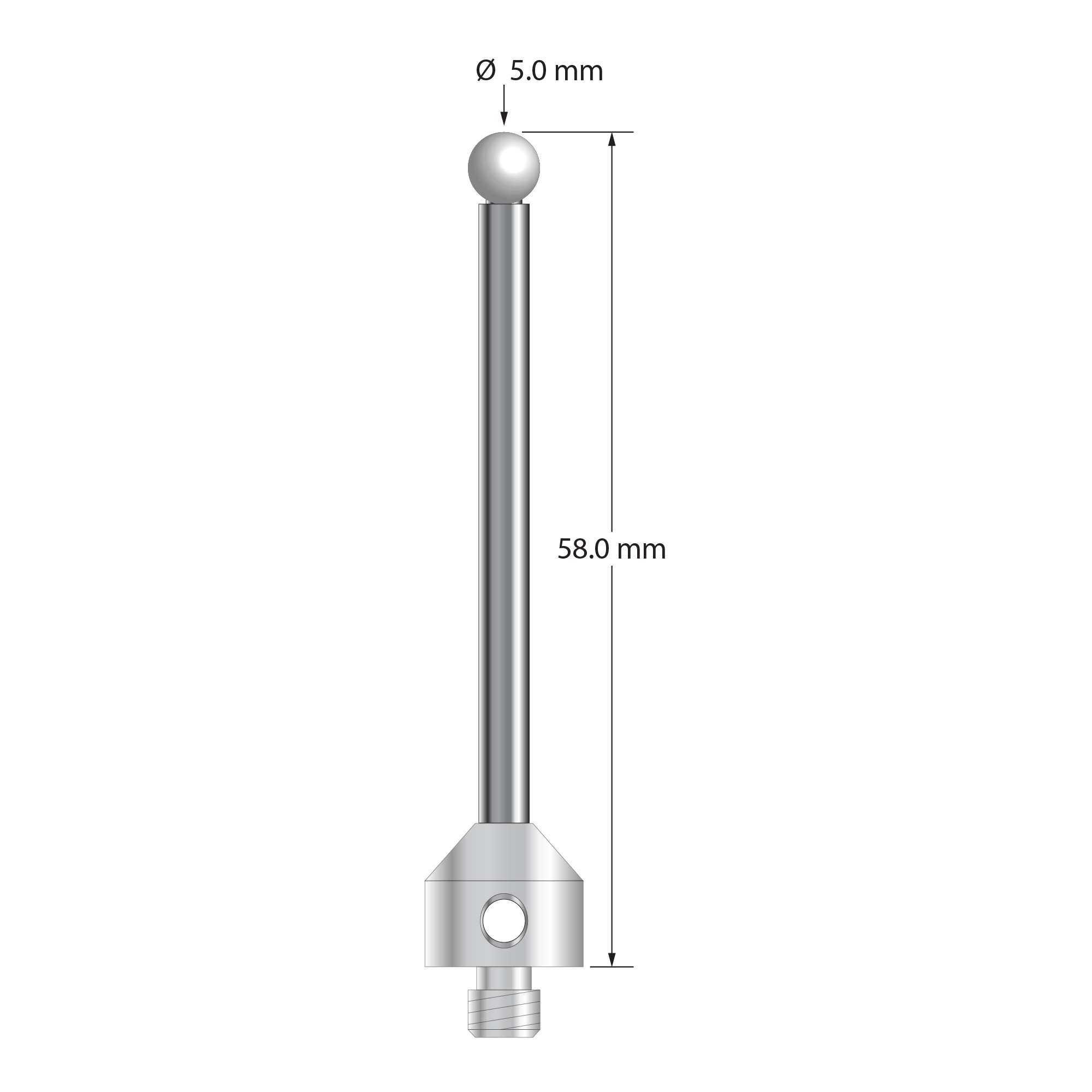M5 stylus with 5.0 mm diameter zirconia ball, 3.5 mm diameter carbide stem, and 11.0 mm diameter x 10.0 mm long stainless steel base. Overall stylus length is 58.0 mm. Stylus weight is 12.28 grams.