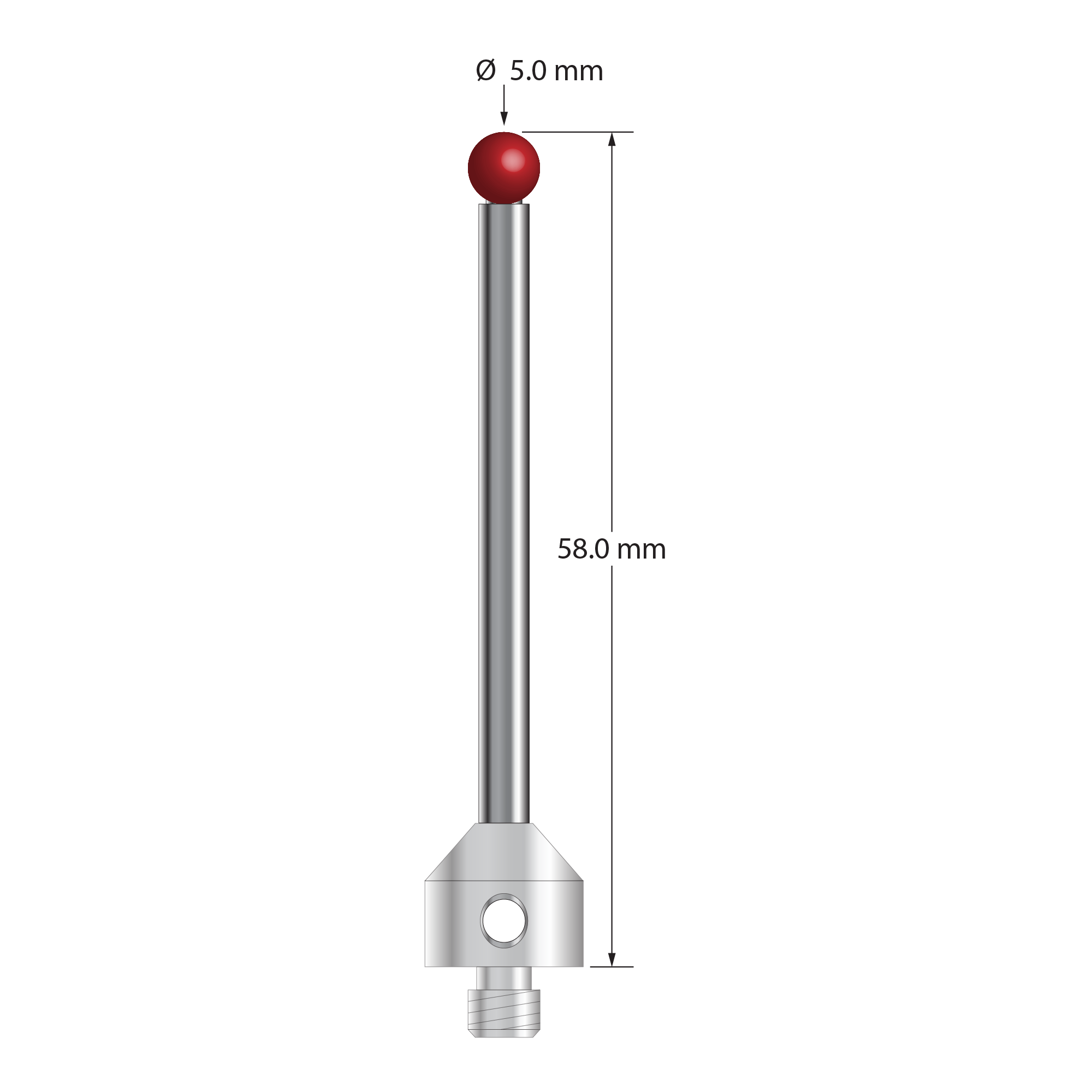 M5 stylus with 5.0 mm diameter ruby ball, 3.5 mm diameter carbide stem, and 11.0 mm diameter x 10.0 mm long stainless steel base. Overall stylus length is 58.0 mm. Stylus weight is 12.28 grams. Compare to Zeiss 626105-0504-058.