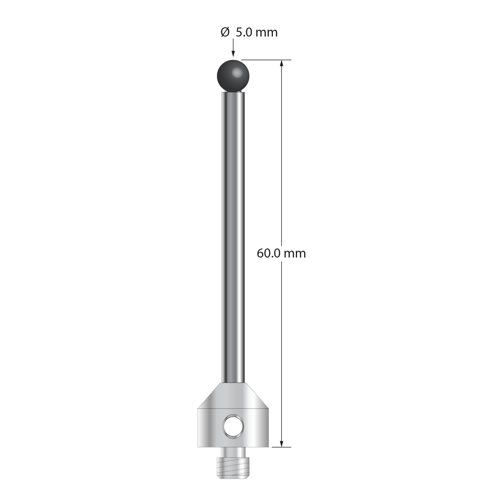 M5 stylus with 5.0 mm diameter silicon nitride ball, 3.5 mm diameter carbide stem, and 11.0 mm diameter x 10.0 mm long stainless steel base. Overall stylus length is 60.0 mm. Stylus weight is 12.56 grams. Compare to Zeiss 626105-0515-060.