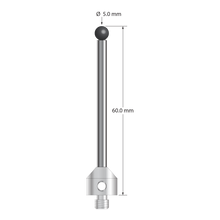 M5 stylus with 5.0 mm diameter silicon nitride ball, 3.5 mm diameter carbide stem, and 11.0 mm diameter x 10.0 mm long stainless steel base. Overall stylus length is 60.0 mm. Stylus weight is 12.56 grams. Compare to Zeiss 626105-0515-060.