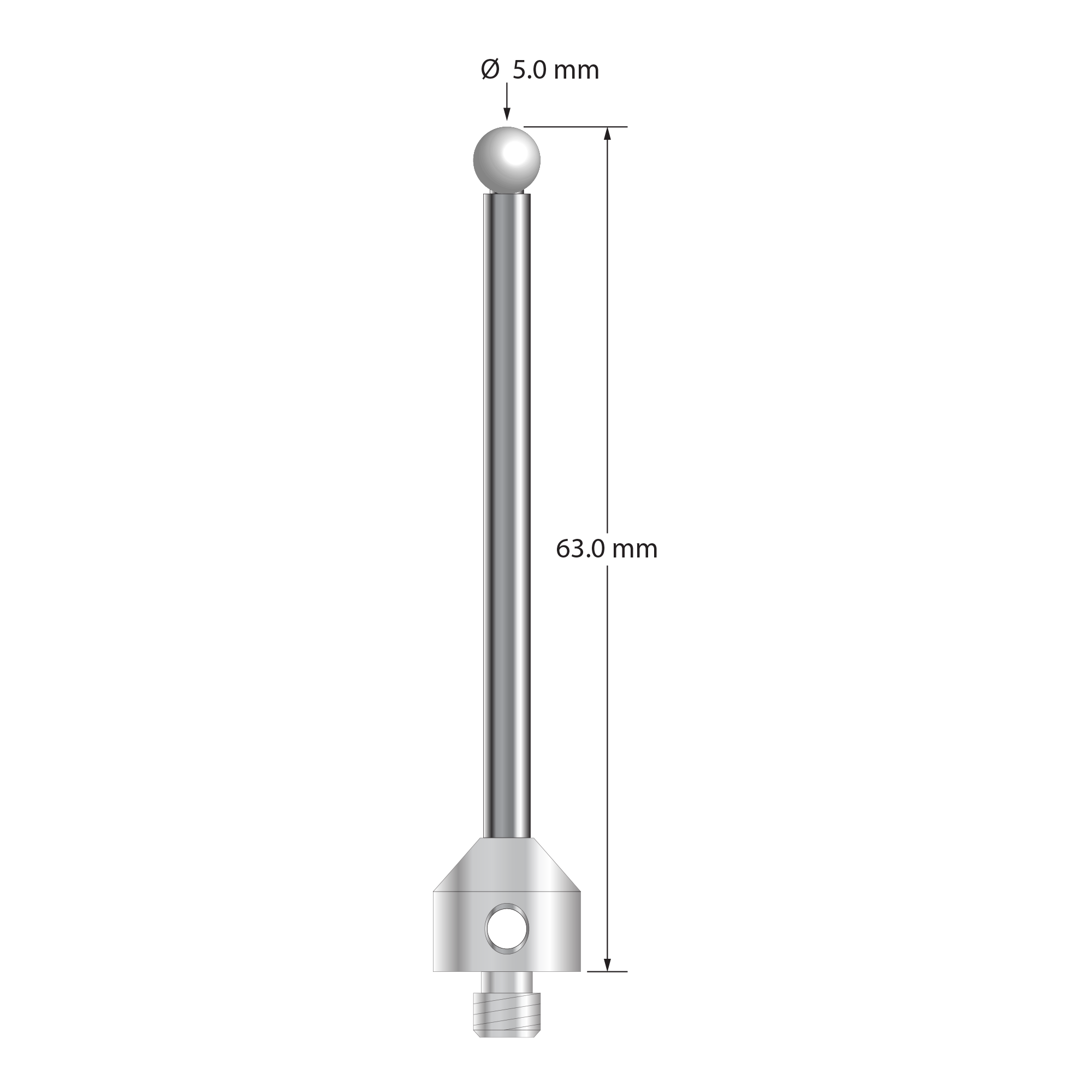 M5 stylus with 5.0 mm diameter zirconia ball, 3.5 mm diameter carbide stem, and 11.0 mm diameter x 10.0 mm long stainless steel base. Overall stylus length is 63.0 mm. Stylus weight is 12.70 grams.