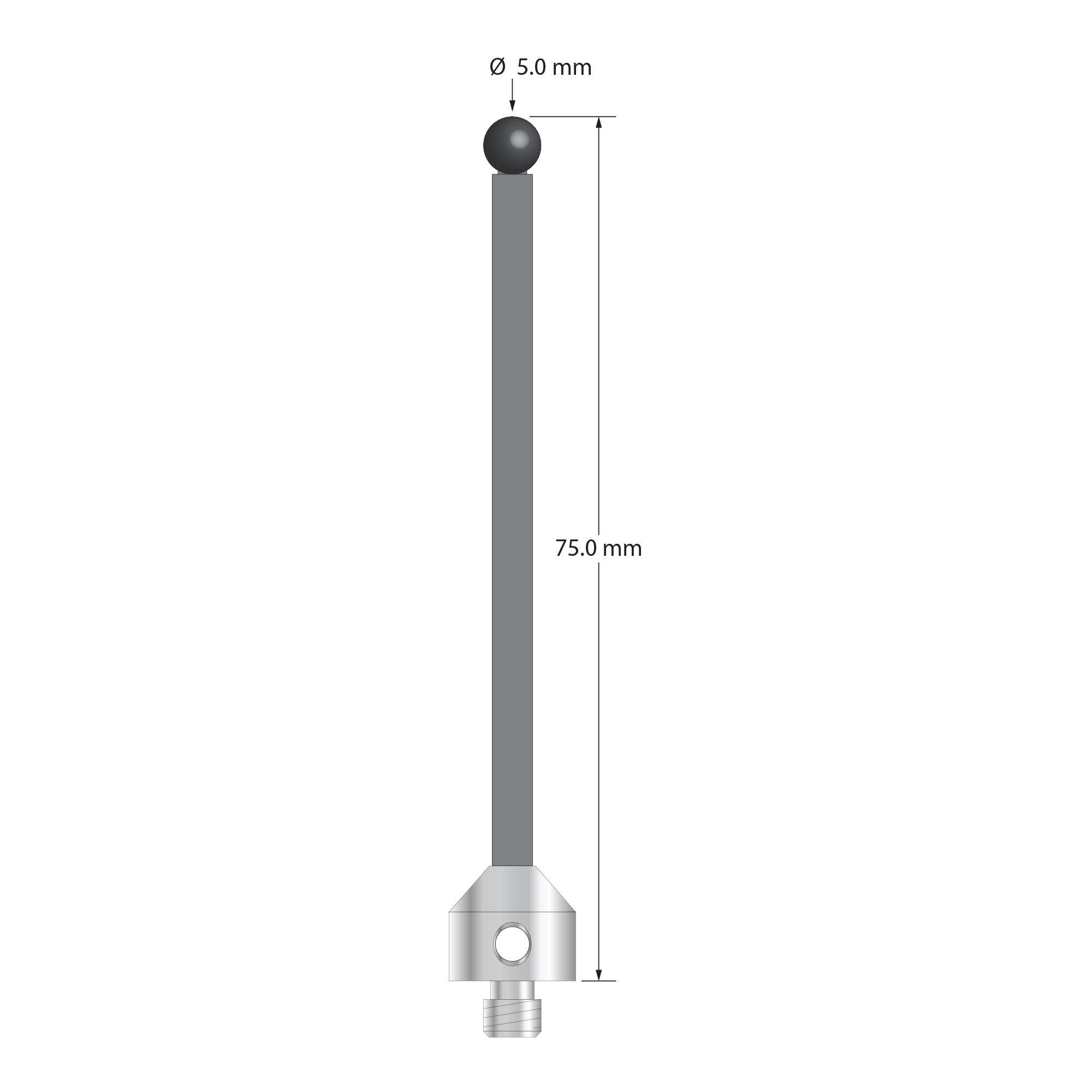 Low weight M5 stylus with 5.0 mm diameter silicon nitride ball, 3.5 mm diameter Therm-X carbon fiber stem, and 11.0 mm diameter x 10.0 mm long titanium base. Overall stylus length is 75.0 mm. Stylus weight is 4.36 grams. Compare to Zeiss 626105-0511-075.