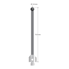 Low weight M5 stylus with 5.0 mm diameter silicon nitride ball, 3.5 mm diameter Therm-X carbon fiber stem, and 11.0 mm diameter x 10.0 mm long titanium base. Overall stylus length is 75.0 mm. Stylus weight is 4.36 grams. Compare to Zeiss 626105-0511-075.