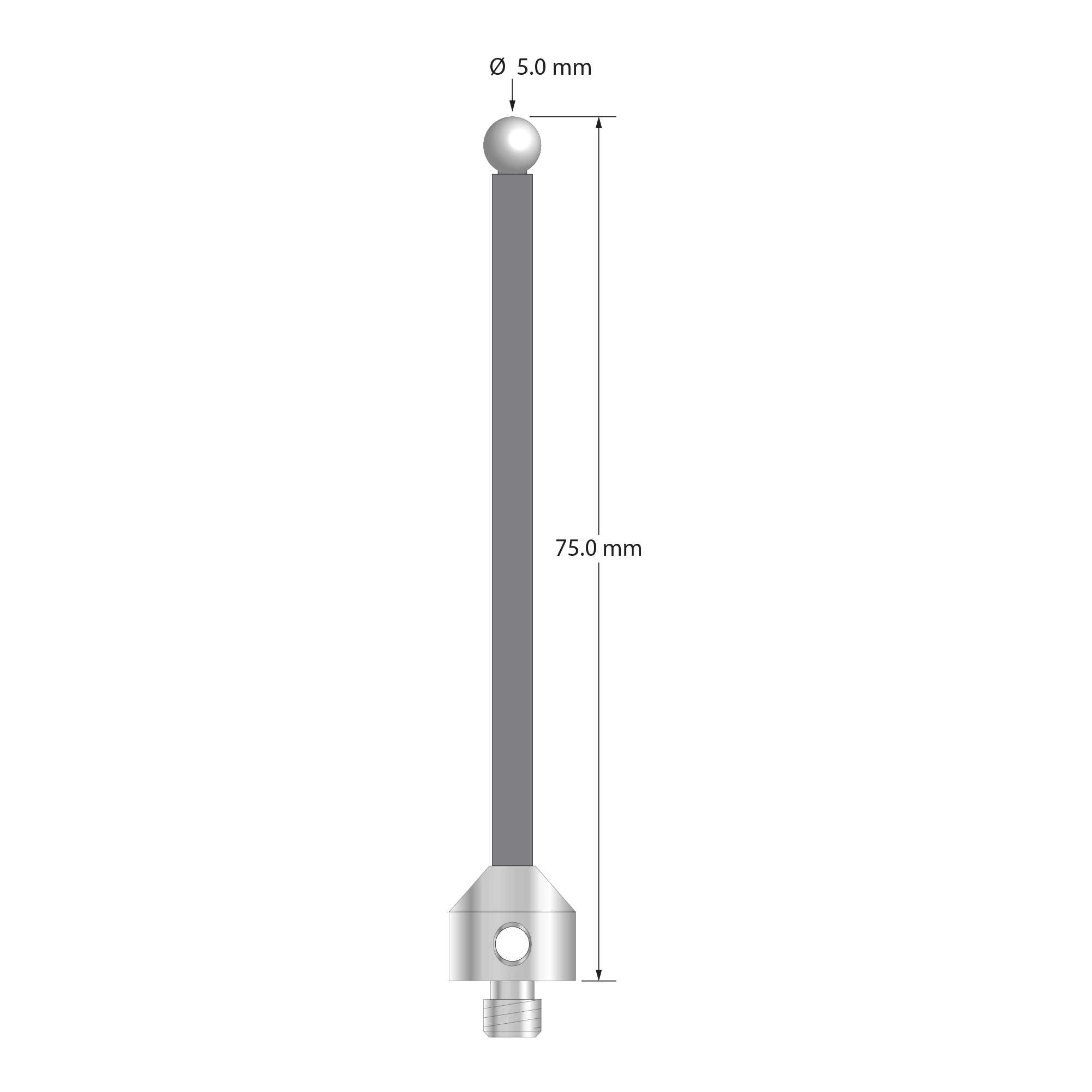 Low weight M5 stylus with 5.0 mm diameter zirconia ball, 3.5 mm diameter Therm-X carbon fiber stem, and 11.0 mm diameter x 10.0 mm long titanium base. Overall stylus length is 75.0 mm. Stylus weight is 4.36 grams.