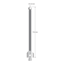 Low weight M5 stylus with 5.0 mm diameter zirconia ball, 3.5 mm diameter Therm-X carbon fiber stem, and 11.0 mm diameter x 10.0 mm long titanium base. Overall stylus length is 75.0 mm. Stylus weight is 4.36 grams.