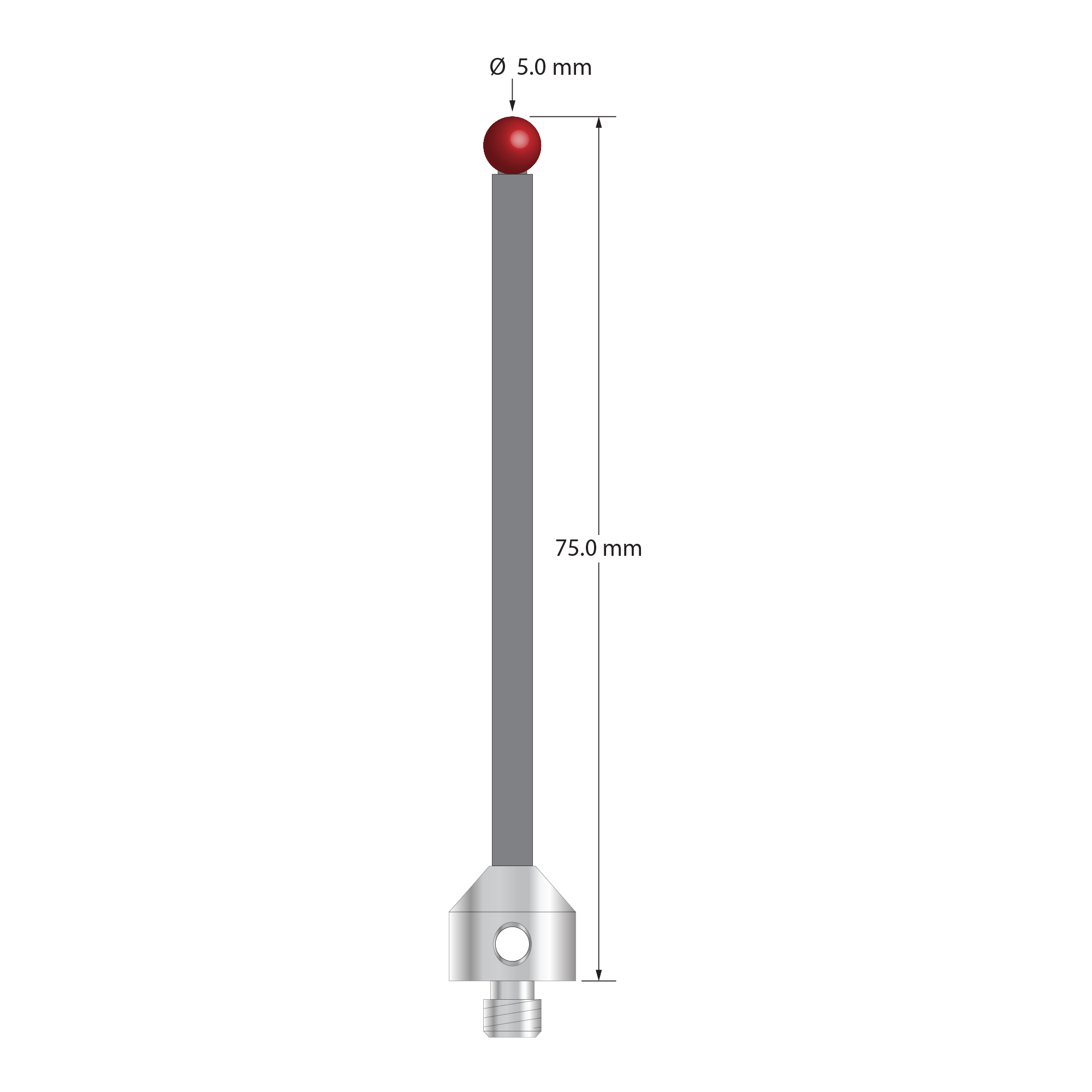Low weight M5 stylus with 5.0 mm diameter ruby ball, 3.5 mm diameter Therm-X carbon fiber stem, and 11.0 mm diameter x 10.0 mm long titanium base. Overall stylus length is 75.0 mm. Stylus weight is 4.36 grams. Compare to Zeiss 626105-0510-075.