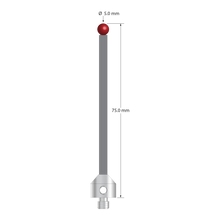 Low weight M5 stylus with 5.0 mm diameter ruby ball, 3.5 mm diameter Therm-X carbon fiber stem, and 11.0 mm diameter x 10.0 mm long titanium base. Overall stylus length is 75.0 mm. Stylus weight is 4.36 grams. Compare to Zeiss 626105-0510-075.