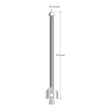 M5 stylus with 5.0 mm diameter zirconia ball, 3.5 mm diameter carbide stem, and 11.0 mm diameter x 10.0 mm long stainless steel base. Overall stylus length is 75.0 mm. Stylus weight is 14.36 grams.