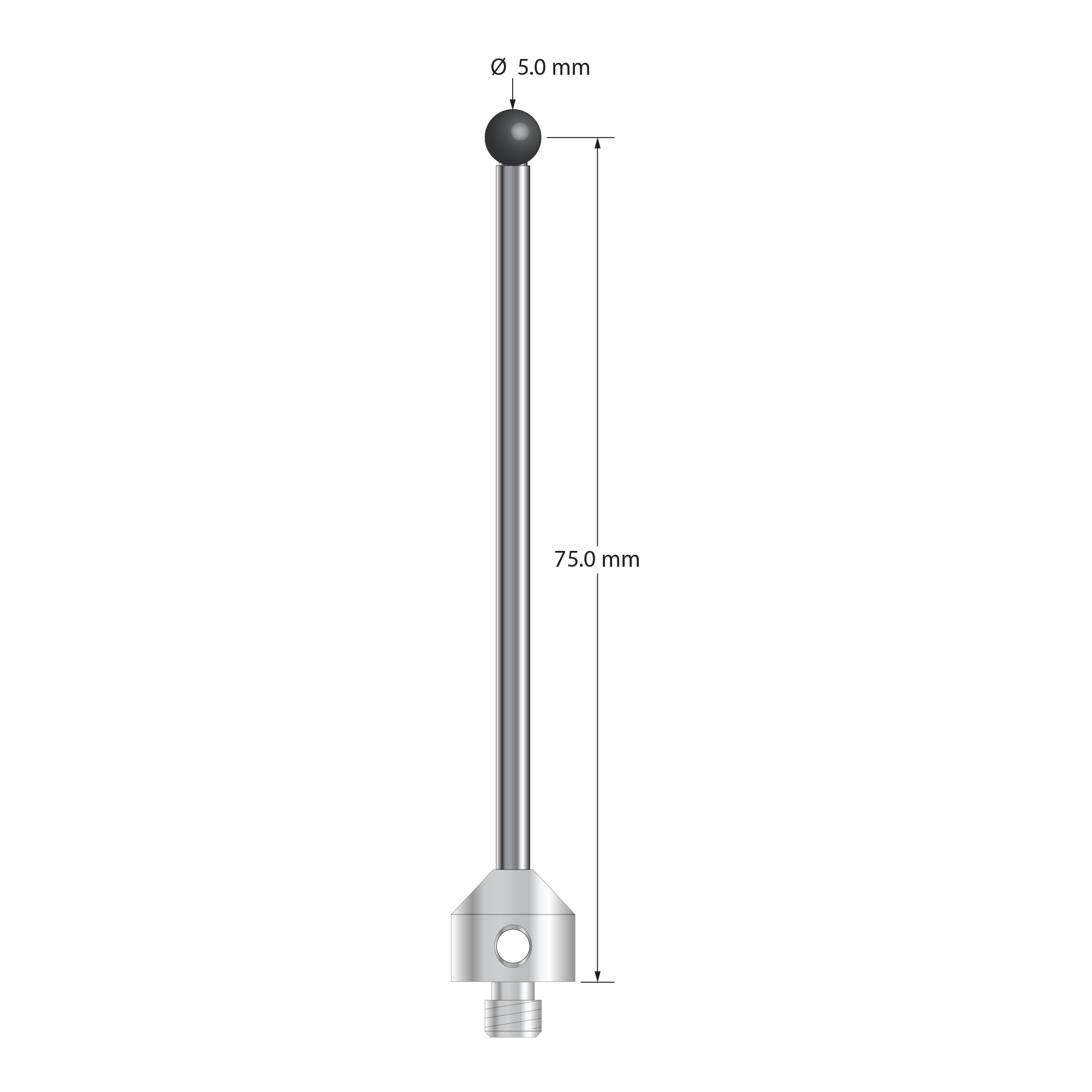 M5 stylus with 5.0 mm diameter silicon nitride ball, 3.0 mm diameter carbide stem, and 11.0 mm diameter x 10.0 mm long stainless steel base. Stylus length to ball center is 75.0 mm. Stylus weight is 11.63 grams.
