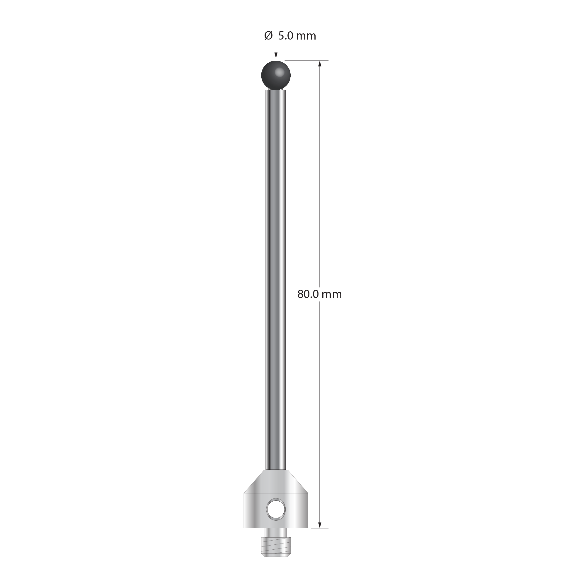 M5 stylus with 5.0 mm diameter silicon nitride ball, 3.5 mm diameter carbide stem, and 11.0 mm diameter x 10.0 mm long stainless steel base. Overall stylus length is 80.0 mm. Stylus weight is 15.05 grams.