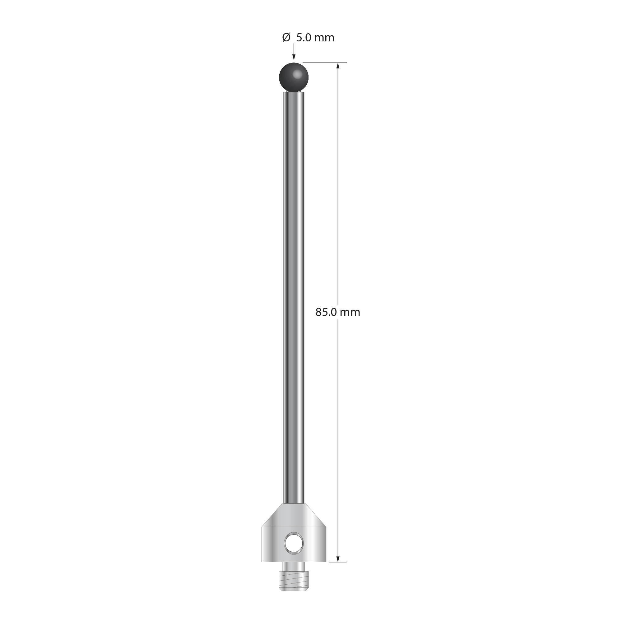 M5 stylus with 5.0 mm diameter silicon nitride ball, 3.5 mm diameter carbide stem, and 11.0 mm diameter x 10.0 mm long stainless steel base. Overall stylus length is 85.0 mm. Stylus weight is 15.74 grams.