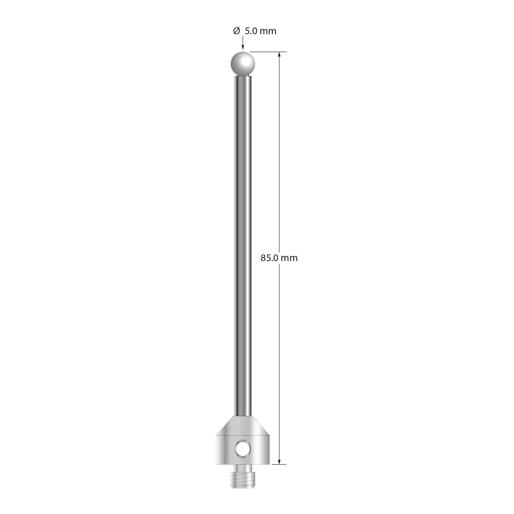M5 stylus with 5.0 mm diameter zirconia ball, 3.5 mm diameter carbide stem, and 11.0 mm diameter x 10.0 mm long stainless steel base. Overall stylus length is 85.0 mm. Stylus weight is 15.74 grams.