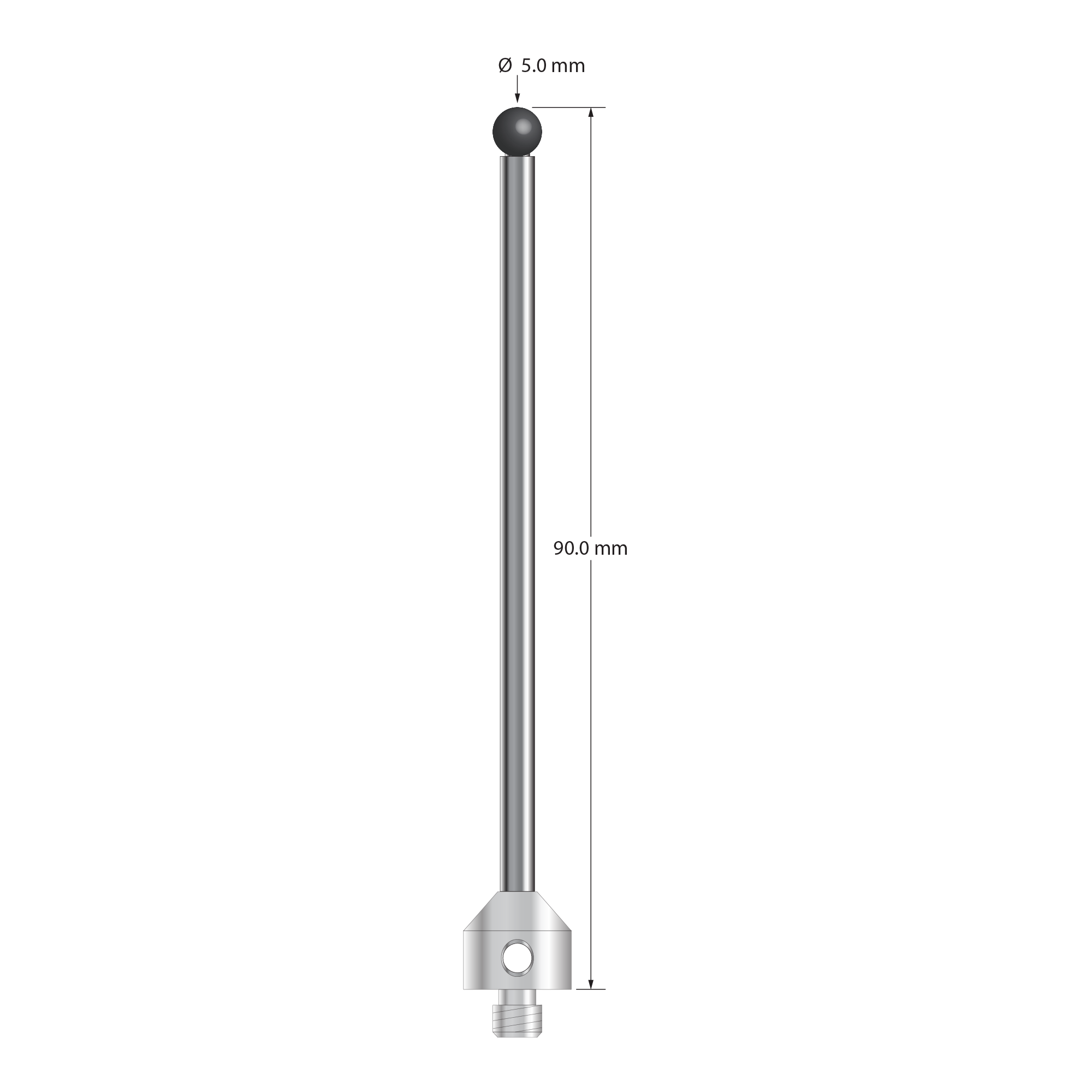 M5 stylus with 5.0 mm diameter silicon nitride ball, 3.5 mm diameter carbide stem, and 11.0 mm diameter x 10.0 mm long stainless steel base. Overall stylus length is 90.0 mm. Stylus weight is 16.43 grams. Compare to Zeiss 626115-0501-090.