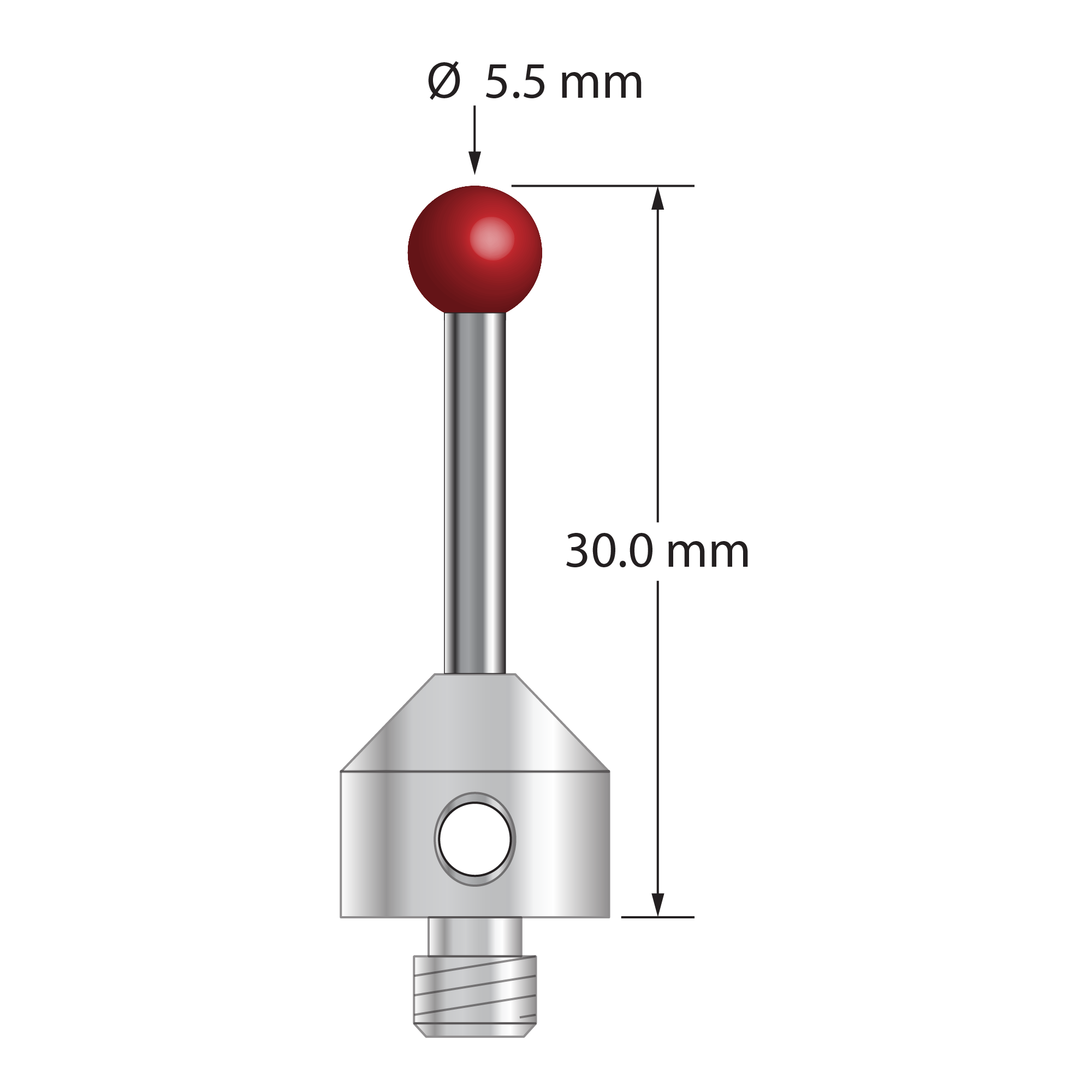 M5 stylus with 5.5 mm diameter ruby ball, 2.5 mm diameter carbide stem, and 11.0 mm diameter x 10.0 mm long stainless steel base. &nbsp;Overall stylus length is 30.0 mm. &nbsp;Stylus weight is 7.94 grams.