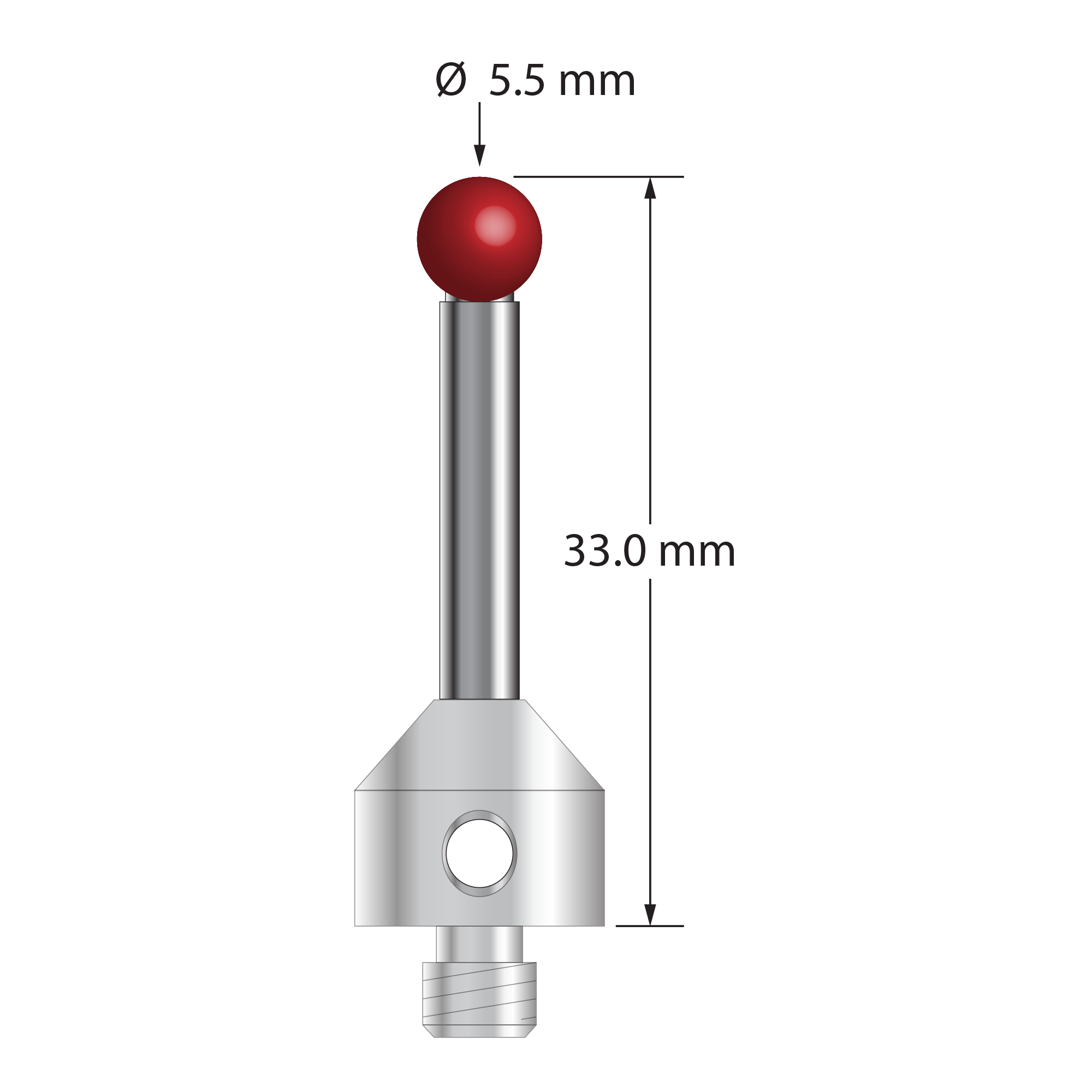 M5 stylus with 5.5 mm diameter ruby ball, 3.5 mm diameter carbide stem, and 11.0 mm diameter x 10.0 mm long stainless steel base. Overall stylus length is 33.0 mm. Stylus weight is 8.98 grams.