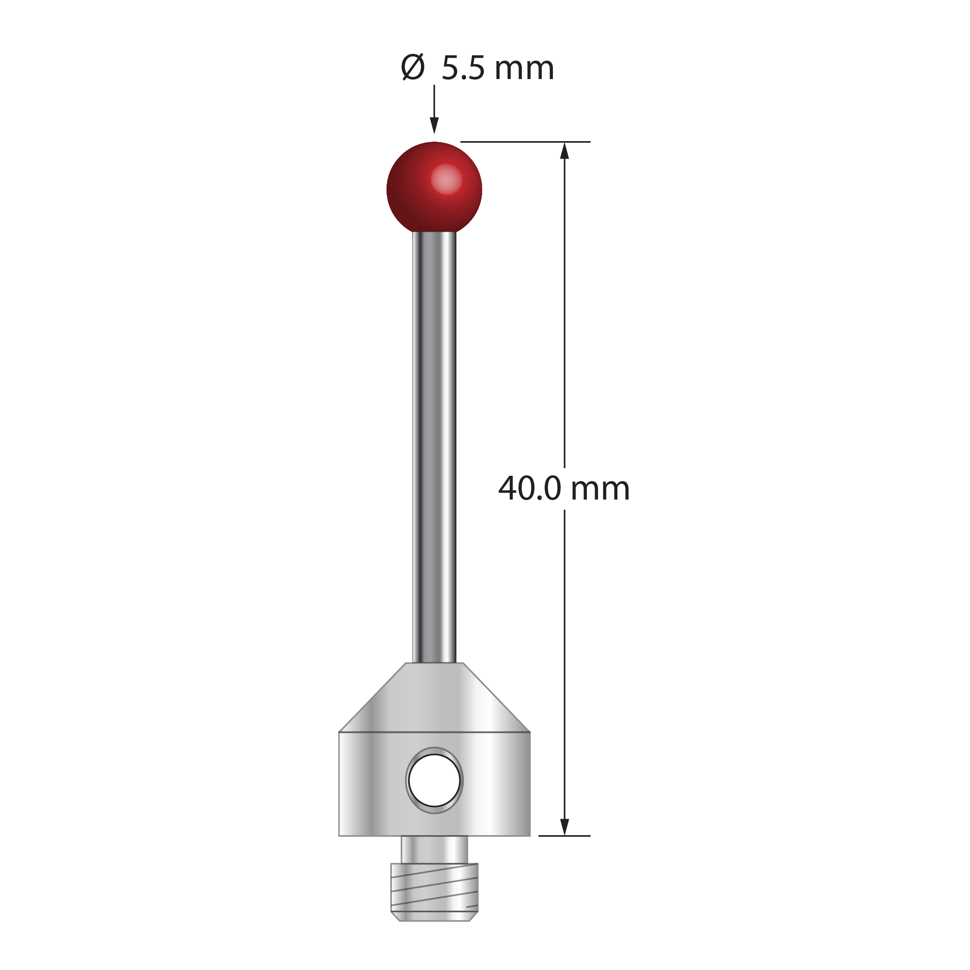 M5 stylus with 5.5 mm diameter ruby ball, 2.5 mm diameter carbide stem, and 11.0 mm diameter x 10.0 mm long stainless steel base. Overall stylus length is 40.0 mm. Stylus weight is 8.62 grams.