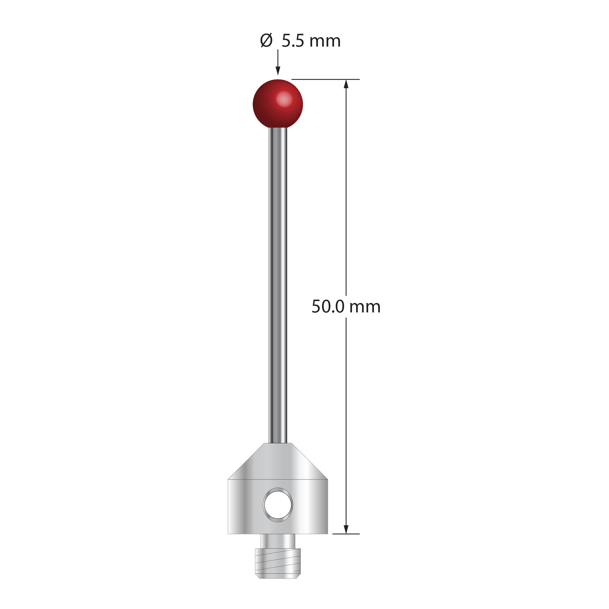 M5 stylus with 5.5 mm diameter ruby ball, 2.0 mm diameter carbide stem, and 11.0 mm diameter x 10.0 mm long stainless steel base. Overall stylus length is 50.0 mm. Stylus weight is 7.75 grams.