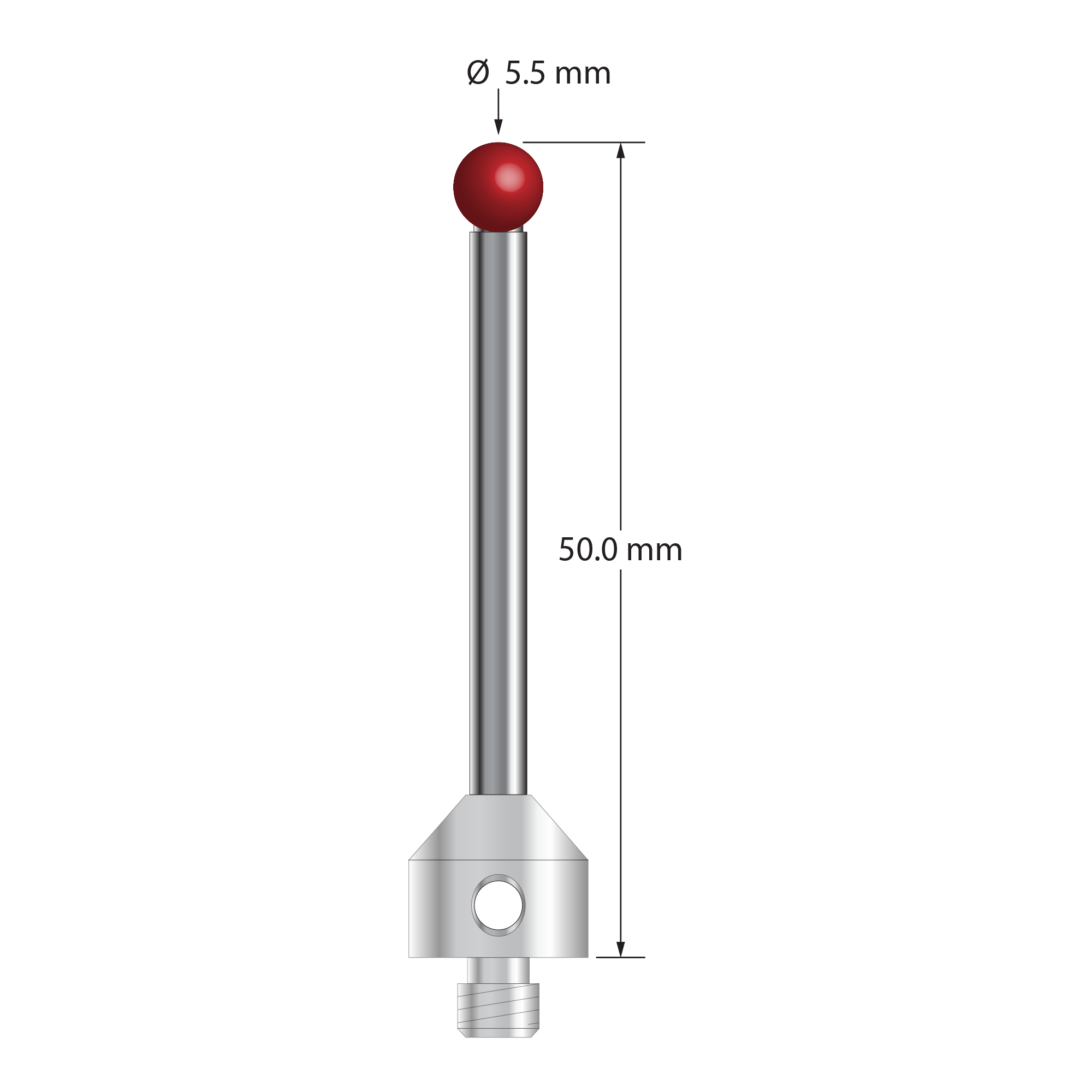 M5 stylus with 5.5 mm diameter ruby ball, 3.5 mm diameter carbide stem, and 11.0 mm diameter x 10.0 mm long stainless steel base. Overall stylus length is 33.0 mm. Stylus weight is 11.33 grams.