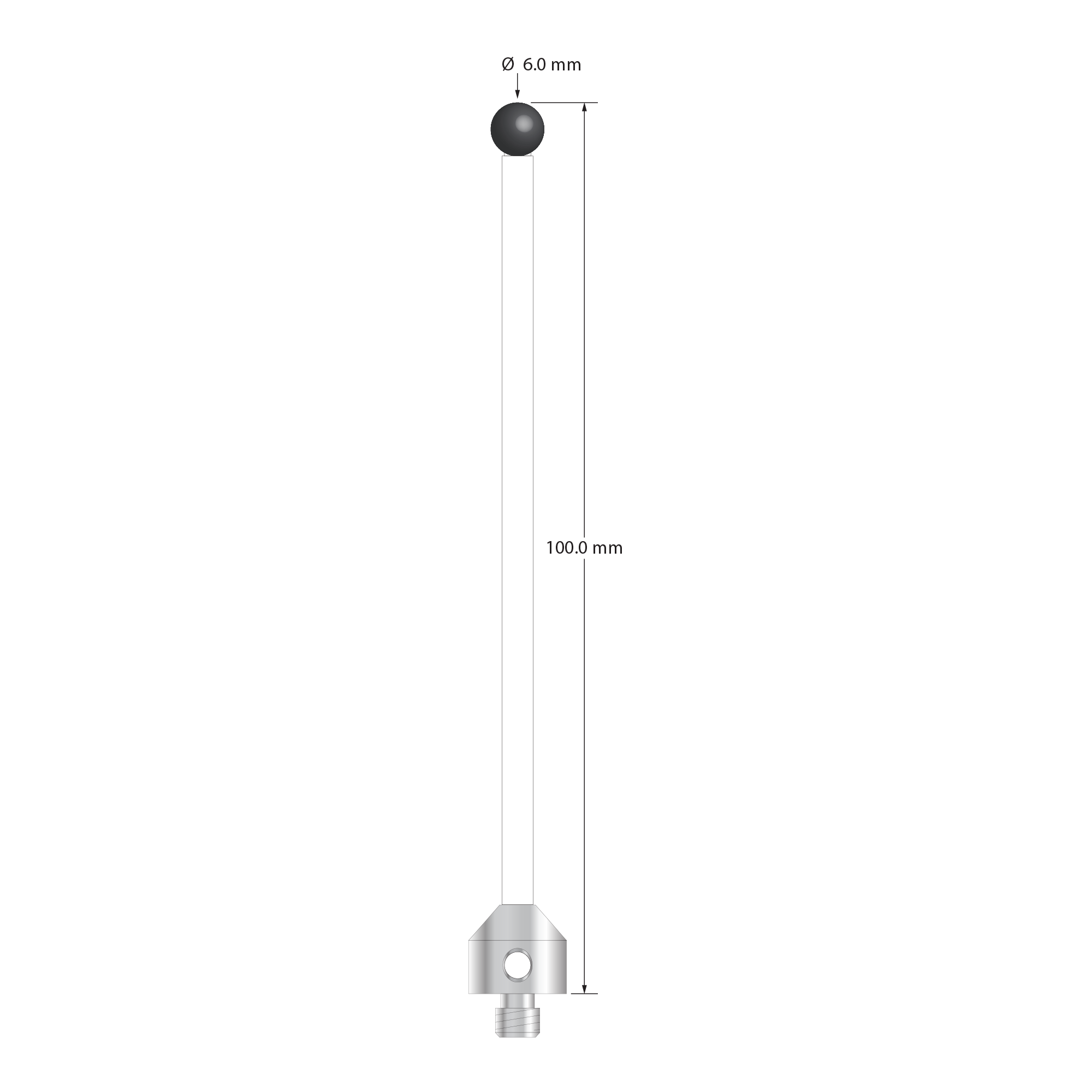 M5 stylus with 6.0 mm diameter silicon nitride ball, 3.5 mm diameter ceramic stem, and 11.0 mm diameter x 10.0 mm long anodized aluminum base. Overall stylus length is 100.0 mm. Stylus weight is 5.57 grams.