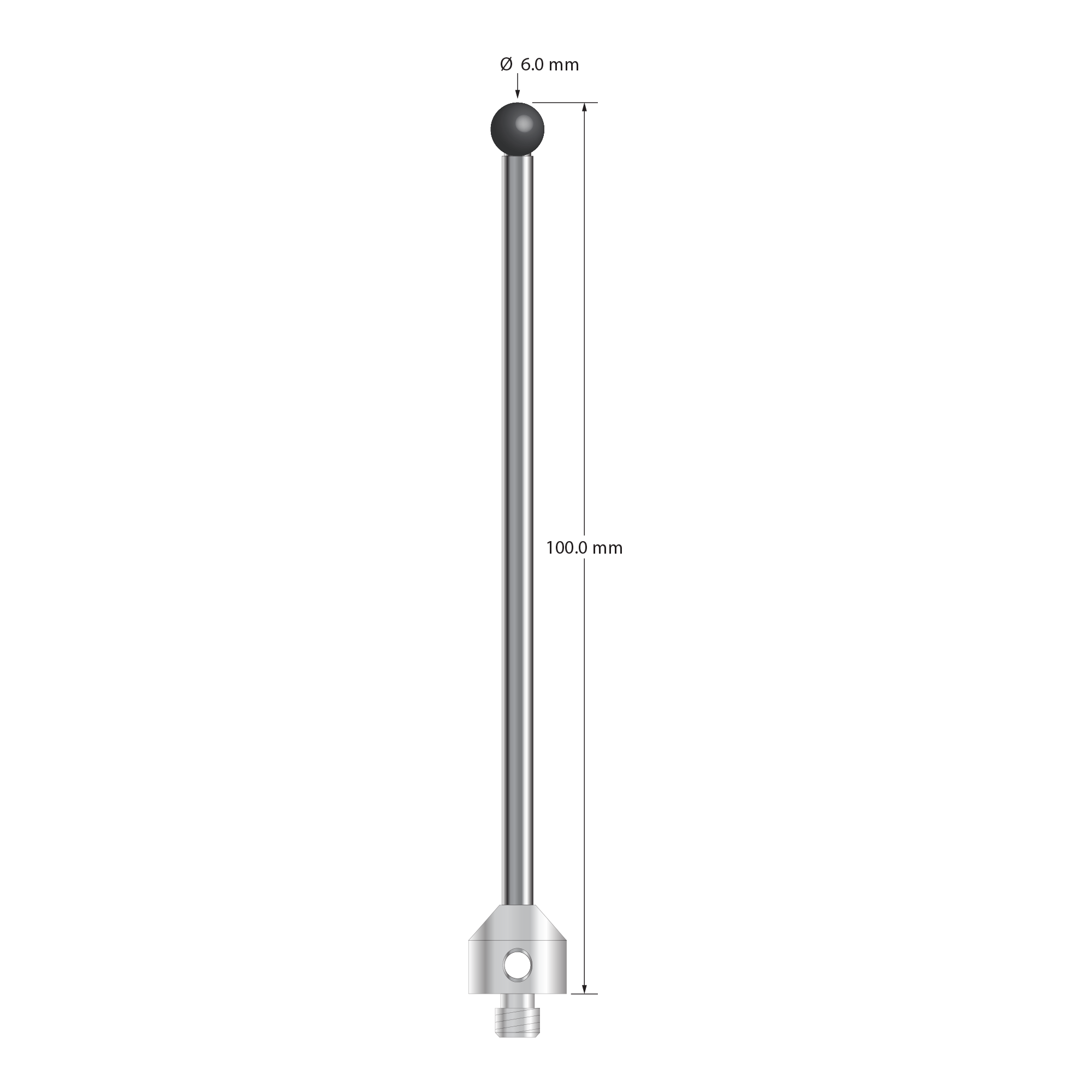 M5 stylus with 6.0 mm diameter silicon nitride ball, 3.5 mm diameter carbide stem, and 11.0 mm diameter x 10.0 mm long stainless steel base. Overall stylus length is 100.0 mm. Stylus weight is 18.69 grams. Compare to Zeiss 626105-0615-100.