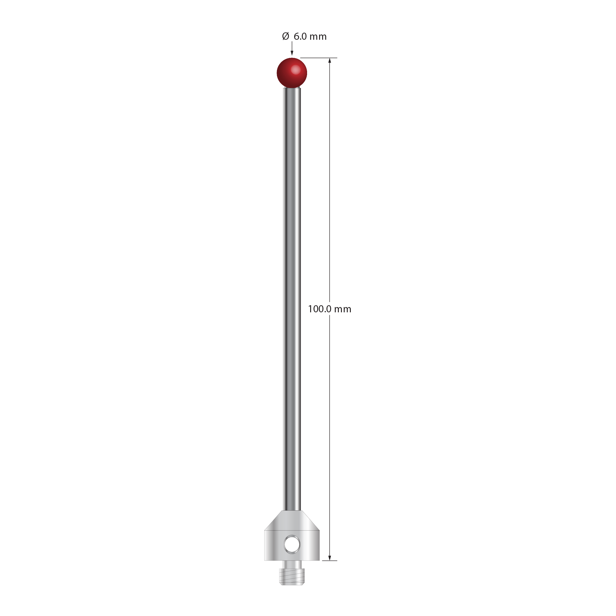 M5 stylus with 6.0 mm diameter ruby ball, 3.5 mm diameter carbide stem, and 11.0 mm diameter x 10.0 mm long stainless steel base. Overall stylus length is 100.0 mm. Stylus weight is 18.69 grams. Compare to Zeiss 626115-0600-100.