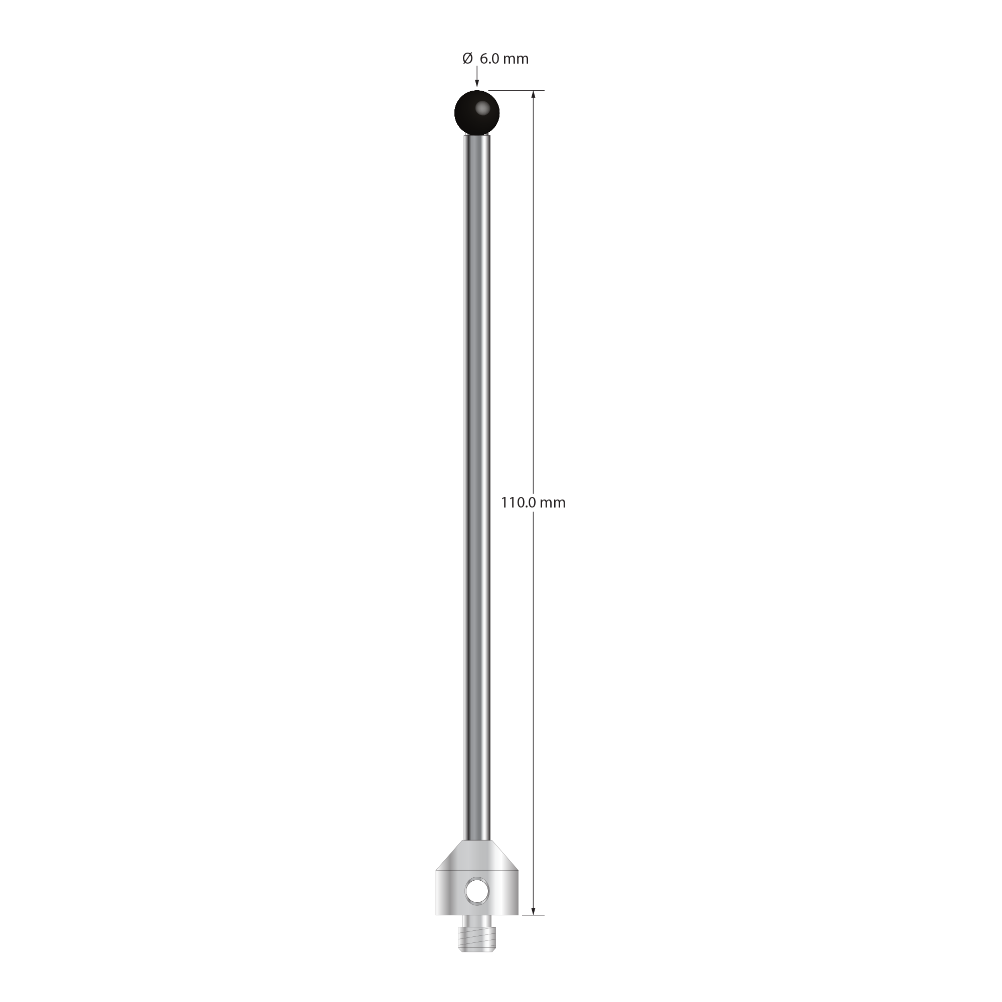 M5 stylus with 6.0 mm diameter silicon nitride ball, 3.5 mm diameter carbide stem, and 11.0 mm diameter x 10.0 mm long stainless steel base. Overall stylus length is 110.0 mm. Stylus weight is 20.08 grams. Compare to Zeiss 626115-0602-110.