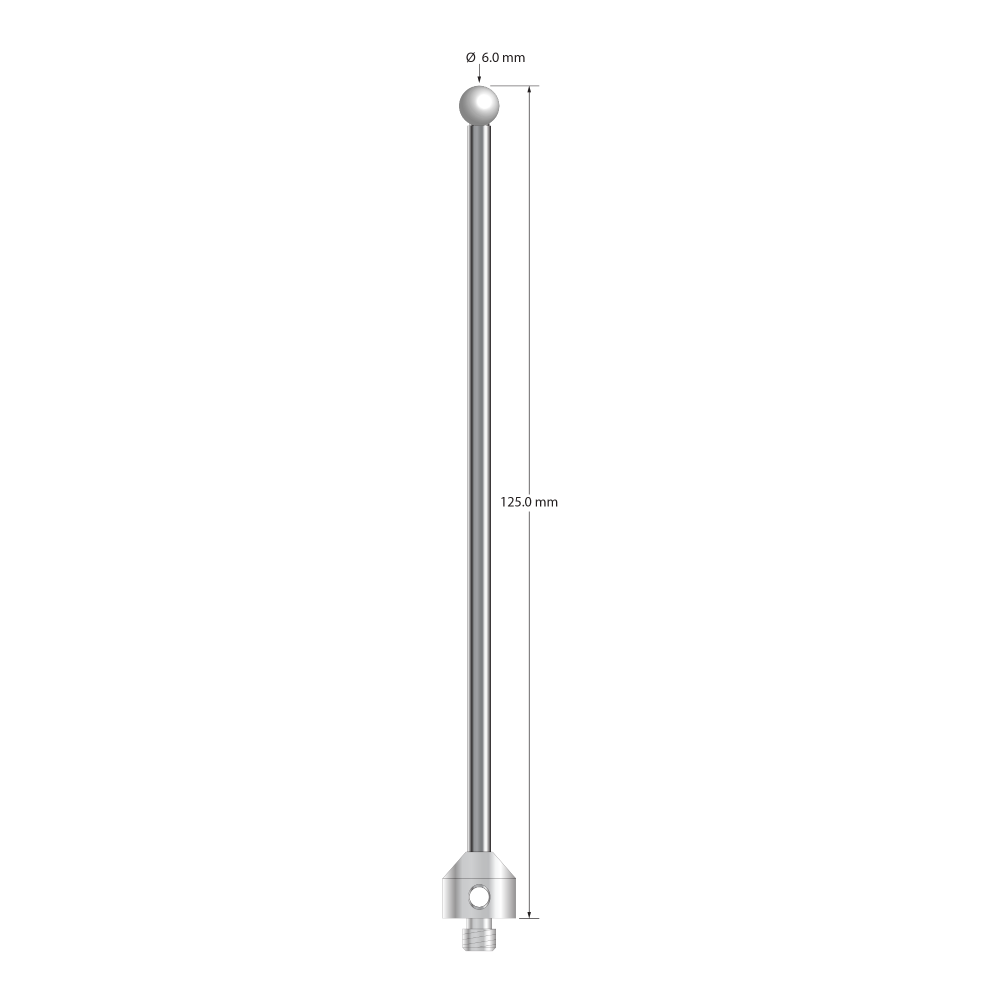M5 stylus with 6.0 mm diameter zirconia ball, 3.5 mm diameter carbide stem, and 11.0 mm diameter x 10.0 mm long stainless steel base. Overall stylus length is 125.0 mm. Stylus weight is 22.15 grams.