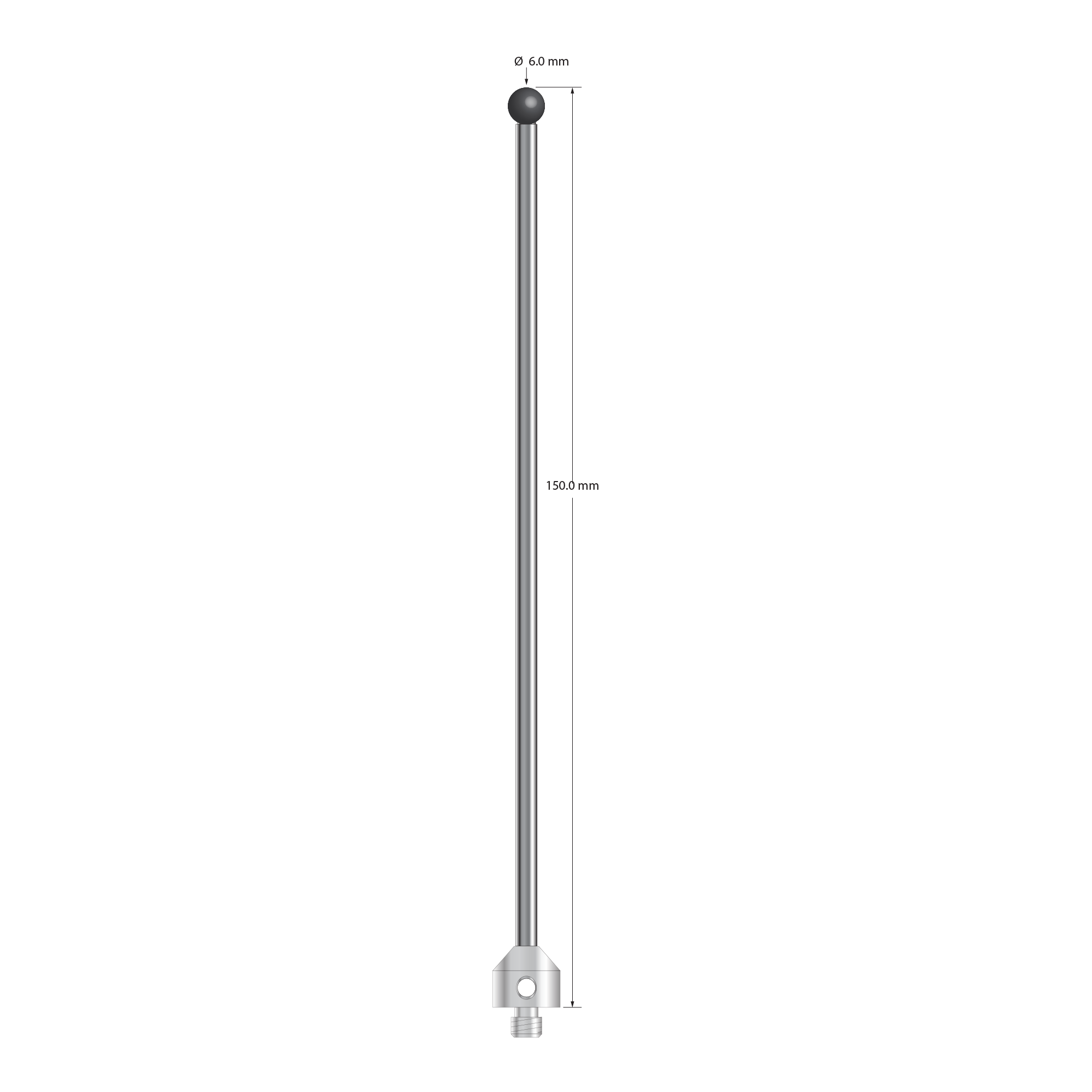 M5 stylus with 6.0 mm diameter silicon nitride ball, 3.5 mm diameter carbide stem, and 11.0 mm diameter x 10.0 mm long stainless steel base. Overall stylus length is 150.0 mm. Stylus weight is 24.10 grams. Compare to Zeiss 626115-0601-150.