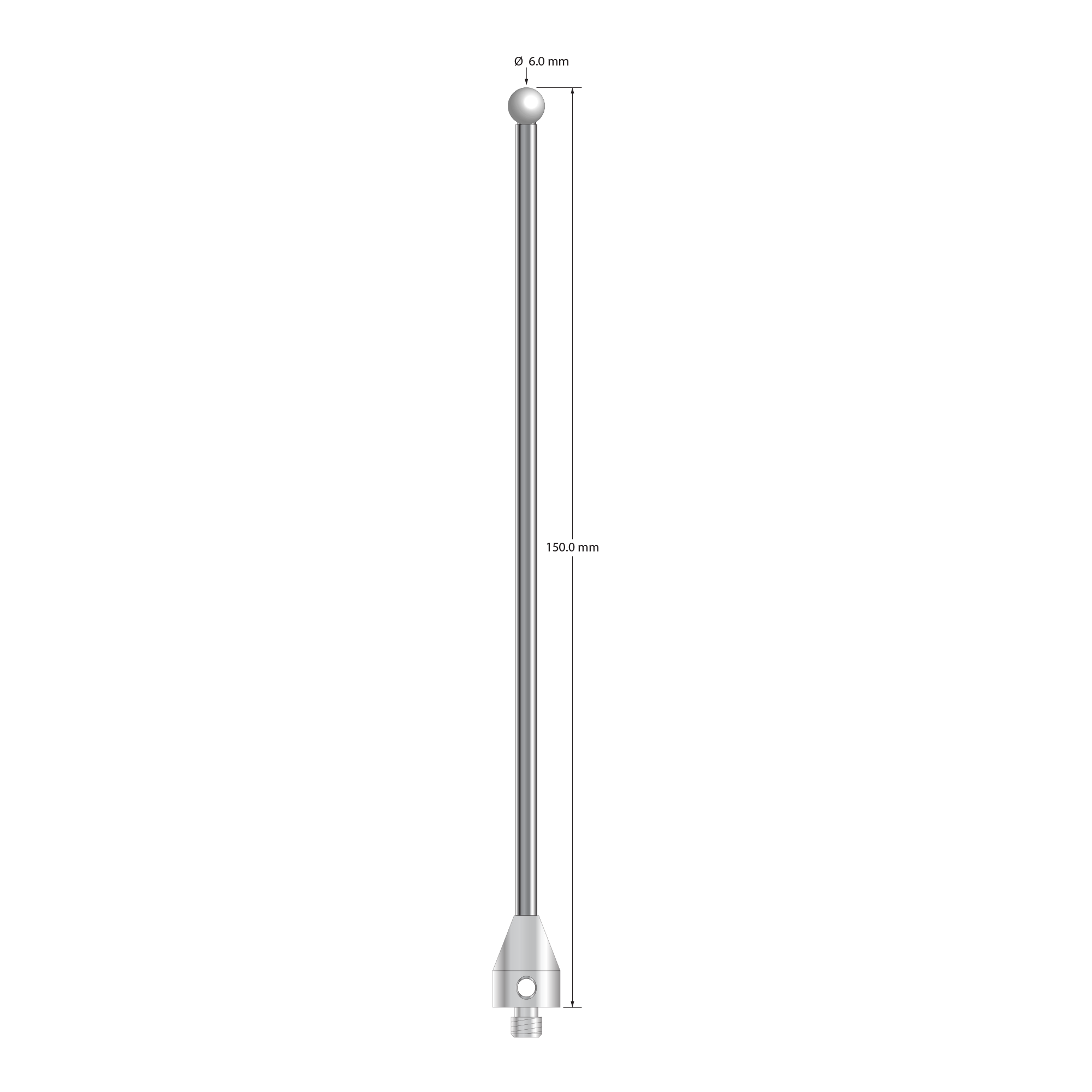 M5 stylus with 6.0 mm diameter zirconia ball, 3.5 mm diameter carbide stem, and 11.0 mm diameter x 15.0 mm long stainless steel base. Overall stylus length is 150.0 mm. Stylus weight is 25.61 grams.