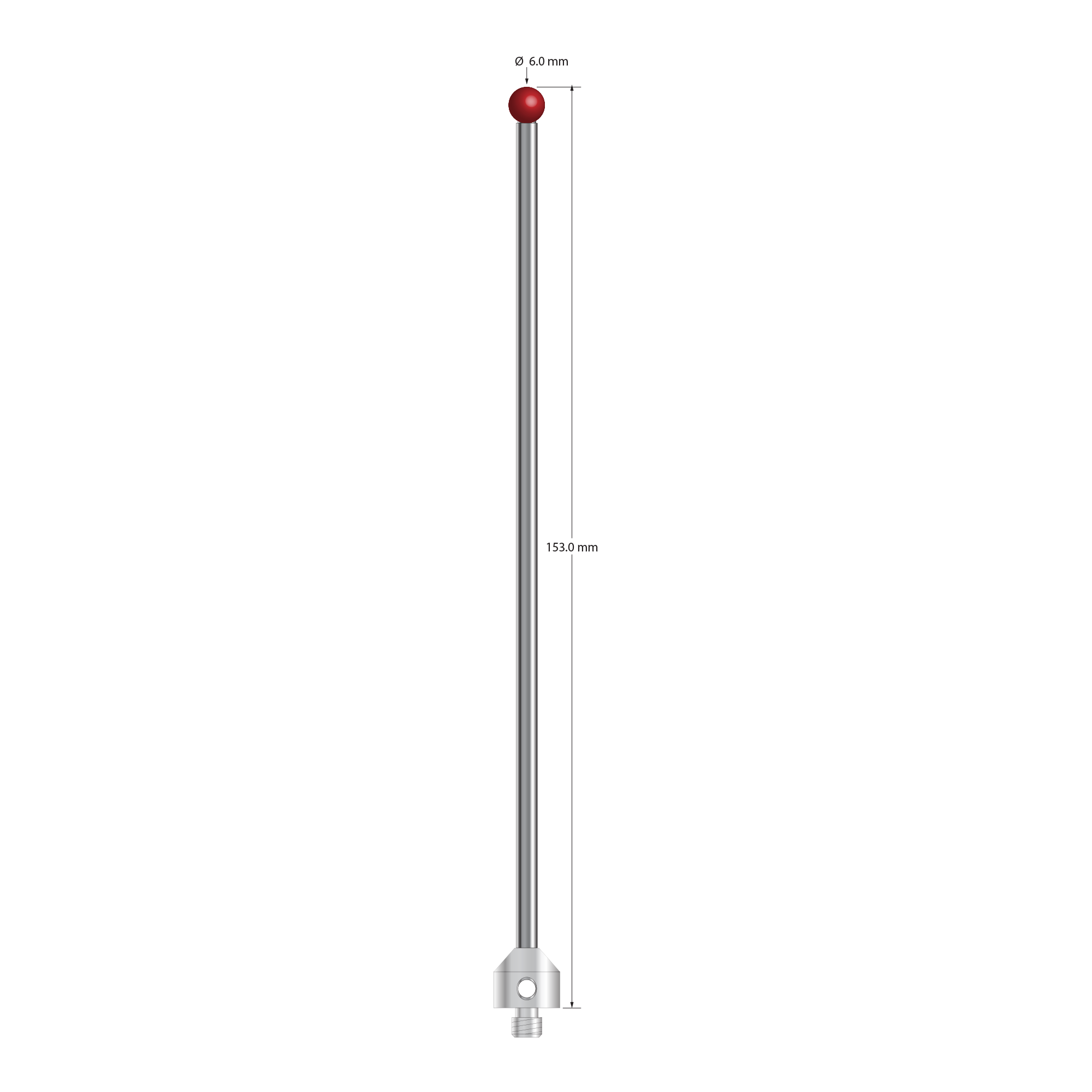 M5 stylus with 6.0 mm diameter ruby ball, 3.5 mm diameter carbide stem, and 11.0 mm diameter x 10.0 mm long stainless steel base. Overall stylus length is 153.0 mm. Stylus weight is 26.02 grams. Compare to Zeiss 626115-0600-153.