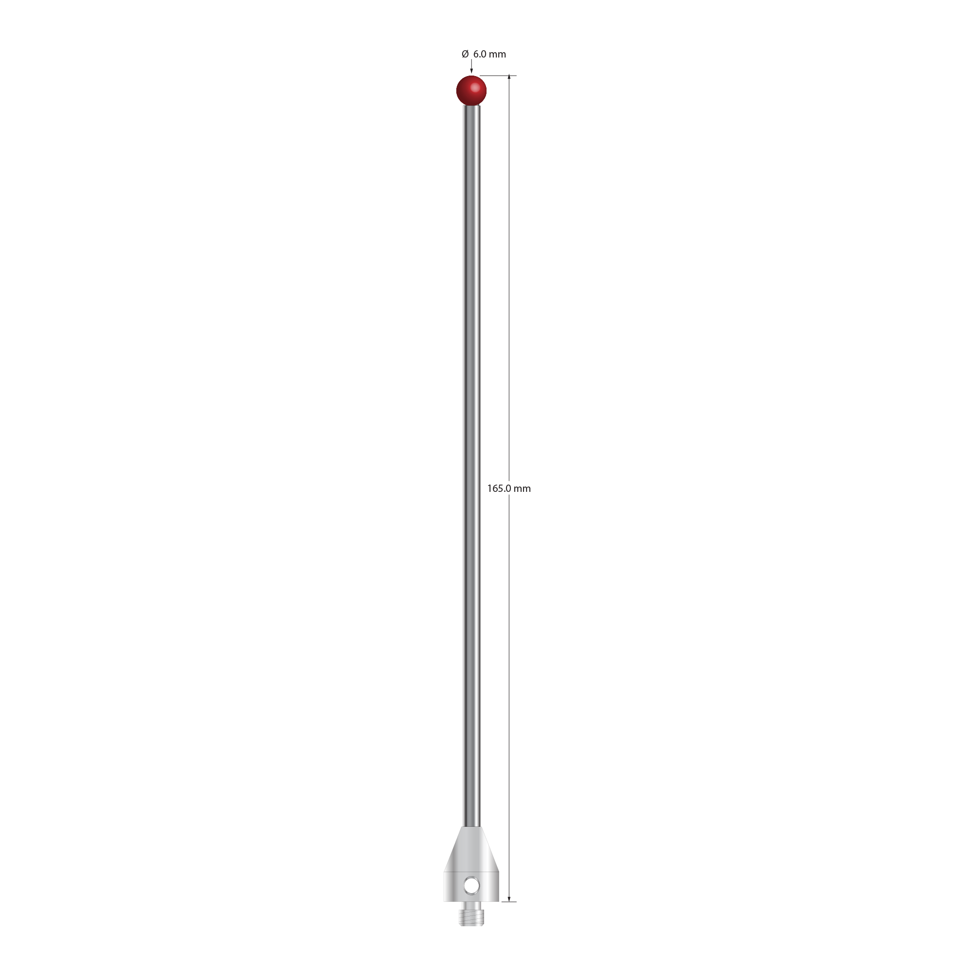 M5 stylus with 6.0 mm diameter ruby ball, 3.5 mm diameter carbide stem, and 11.0 mm diameter x 15.0 mm long stainless steel base. Overall stylus length is 165.0 mm. Stylus weight is 27.68 grams.