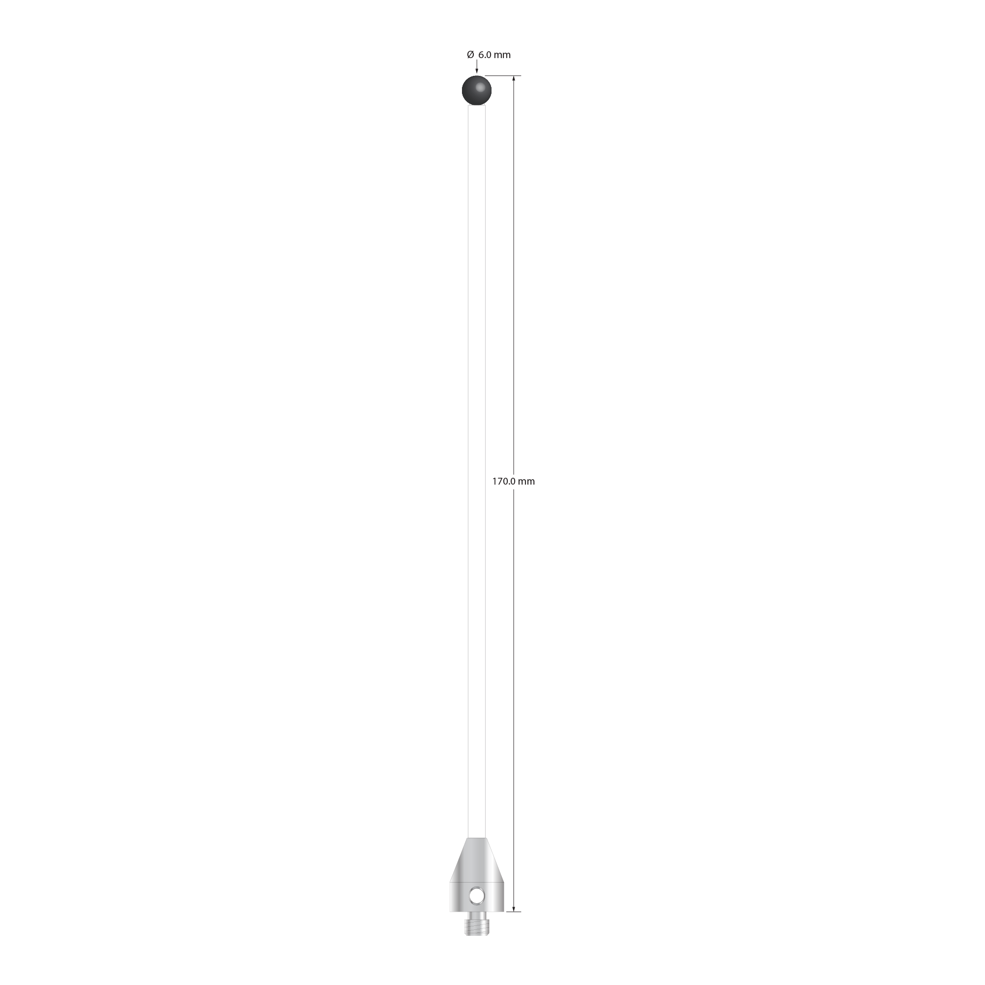 M5 stylus with 6.0 mm diameter silicon nitride ball, 3.5 mm diameter ceramic stem, and 11.0 mm diameter x 15.0 mm long hard anodized aluminum base. Overall stylus length is 170.0 mm. Stylus weight is 13.39 grams.