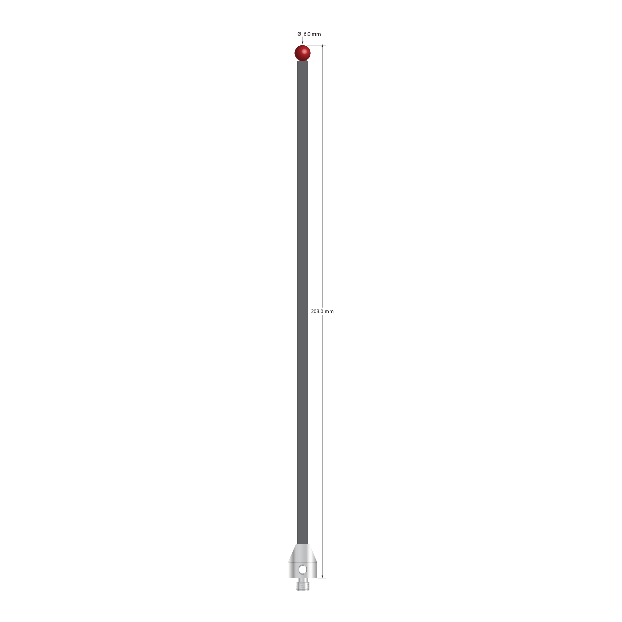M5 stylus with 6.0 mm diameter ruby ball, 4.0 mm diameter carbon fiber stem, and 11.0 mm diameter x 13.0 mm long stainless steel base. Overall stylus length is 203.0 mm. Stylus weight is 10.41 grams. Compare to Renishaw A-5003-5268.