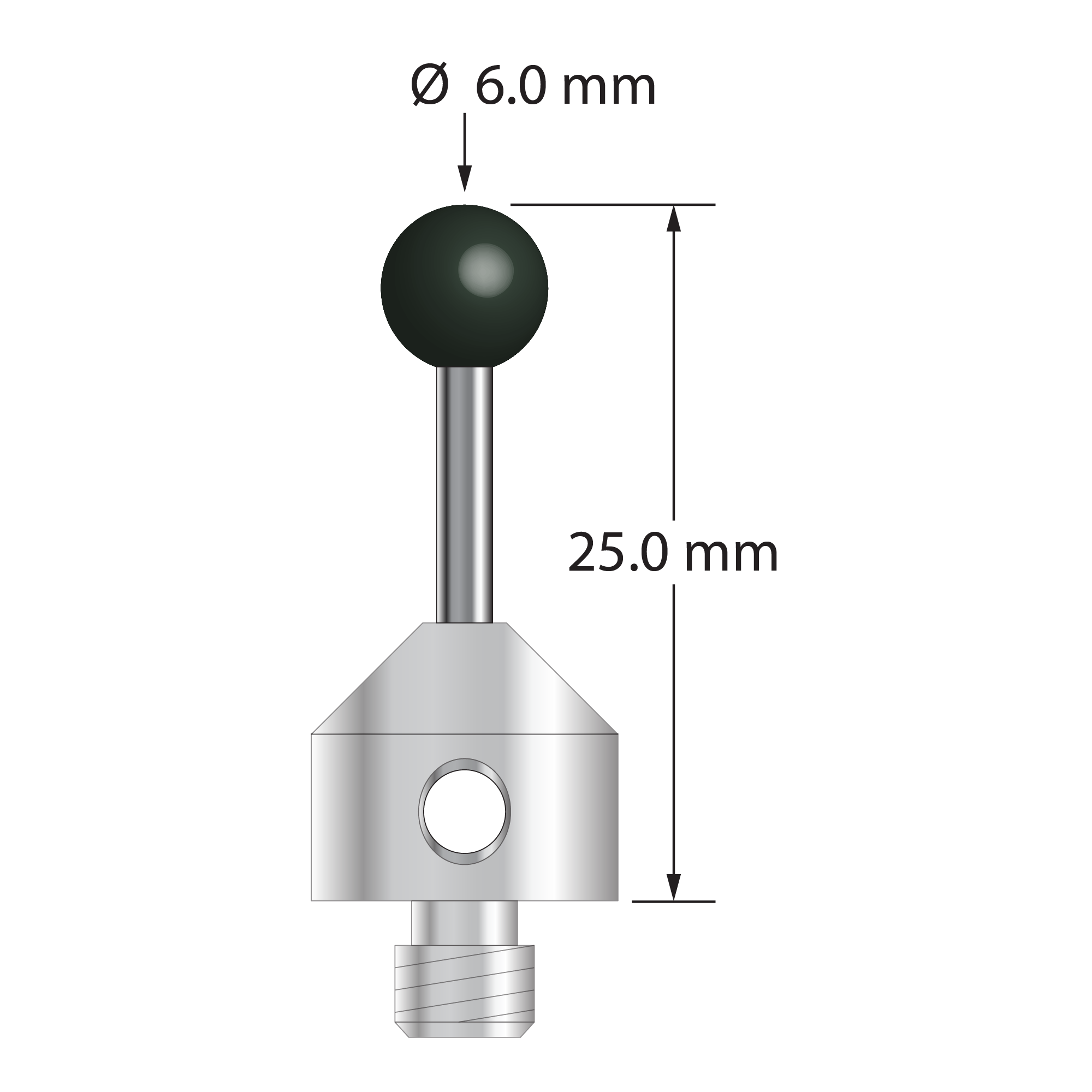 M5 stylus with 6.0 mm diameter silicon nitride ball, 2.0 mm diameter carbide stem, and 11.0 mm diameter x 10.0 mm long stainless steel base. Overall stylus length is 25.0 mm. Stylus weight is 6.96 grams. Compare to Zeiss 626115-0601-025.