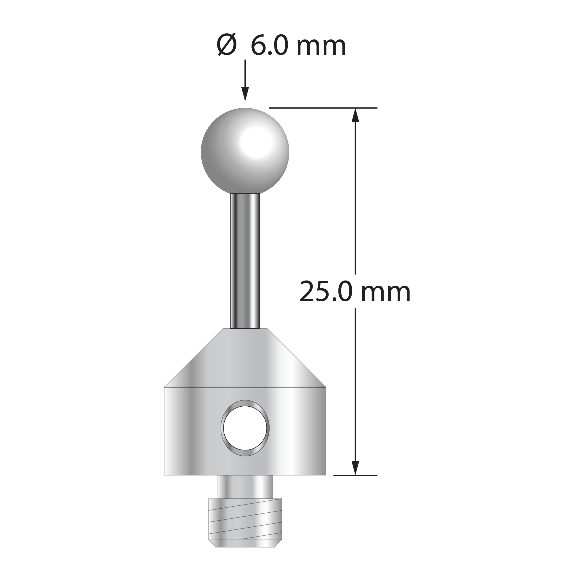 M5 stylus with 6.0 mm diameter zirconia ball, 2.0 mm diameter carbide stem, and 11.0 mm diameter x 10.0 mm long stainless steel base. Overall stylus length is 25.0 mm. Stylus weight is 6.96 grams.