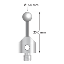M5 stylus with 6.0 mm diameter zirconia ball, 2.0 mm diameter carbide stem, and 11.0 mm diameter x 10.0 mm long stainless steel base. Overall stylus length is 25.0 mm. Stylus weight is 6.96 grams.