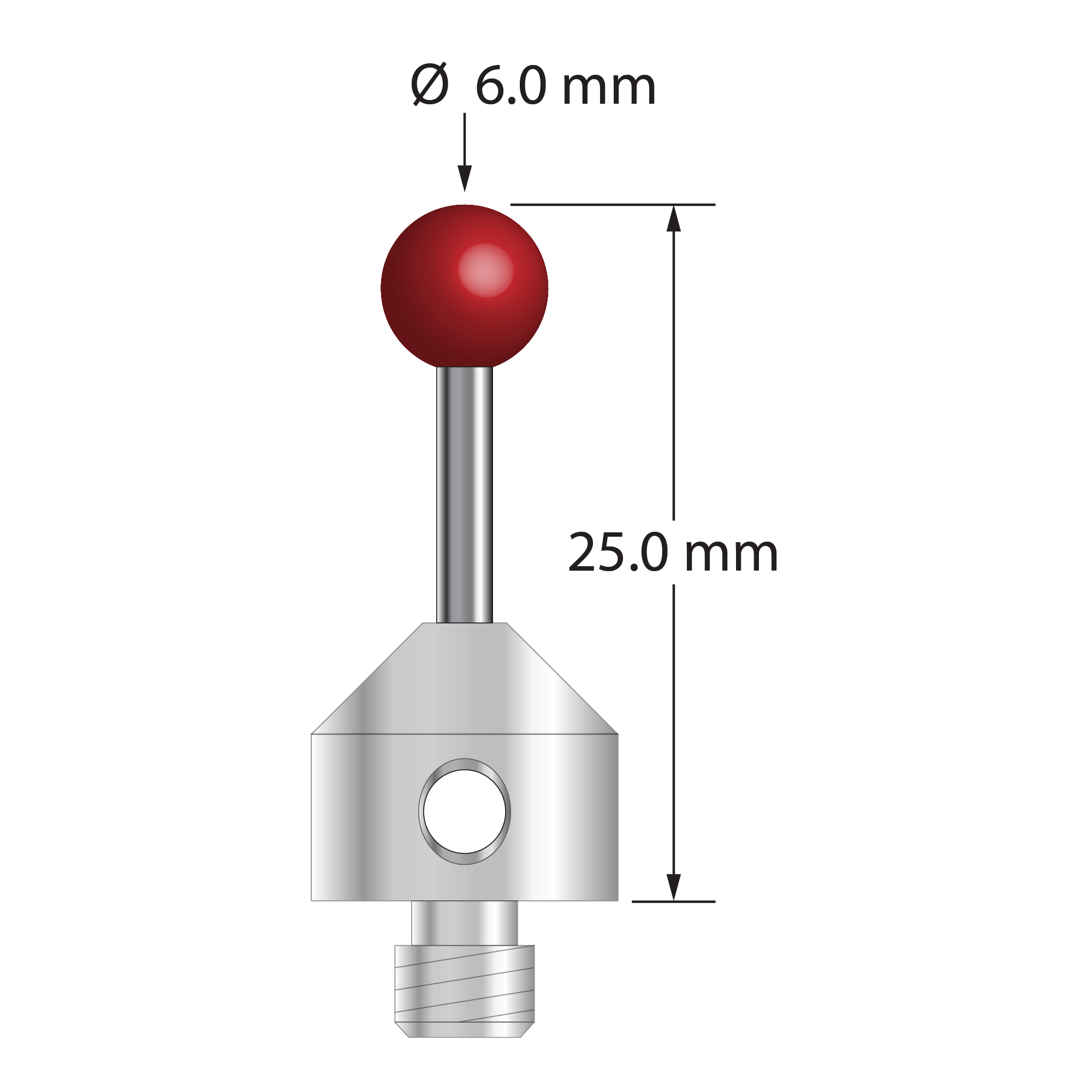 M5 stylus with 6.0 mm diameter ruby ball, 2.0 mm diameter carbide stem, and 11.0 mm diameter x 10.0 mm long stainless steel base. Overall stylus length is 25.0 mm. Stylus weight is 6.96 grams.