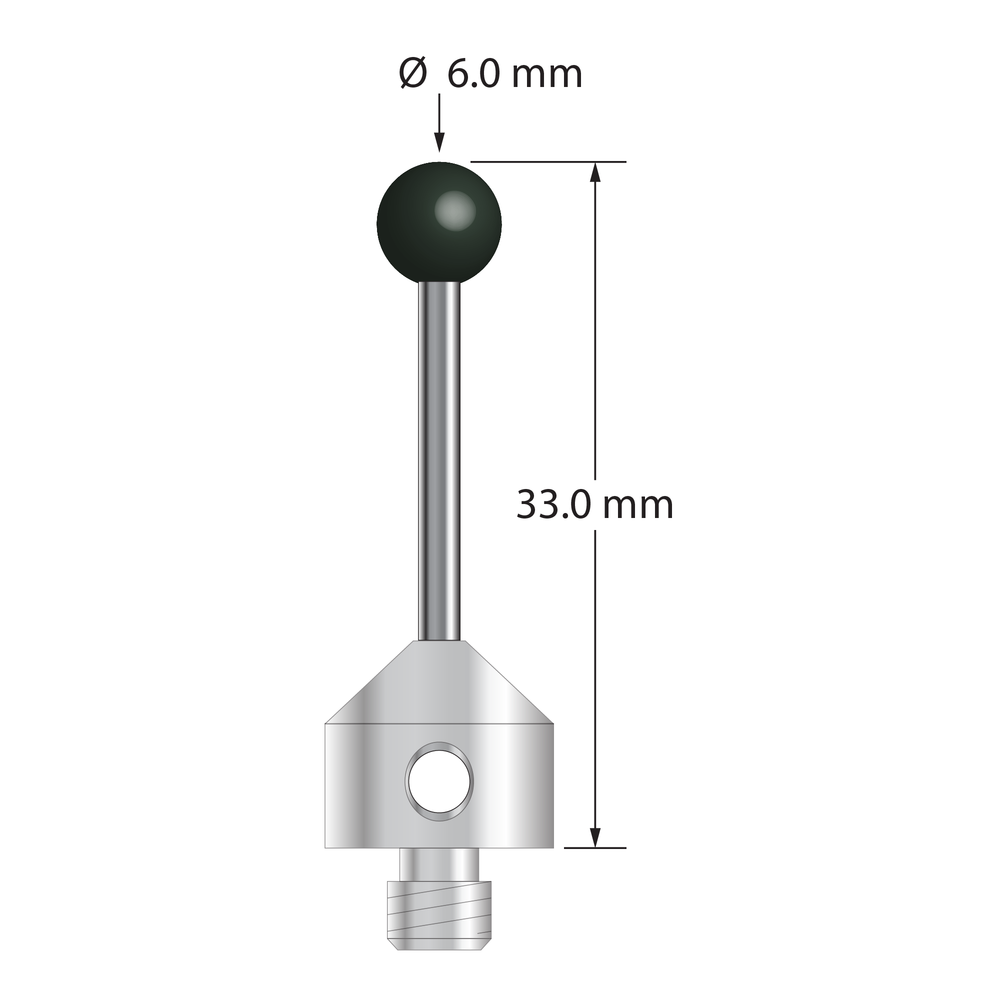 M5 stylus with 6.0 mm diameter silicon nitride ball, 2.0 mm diameter carbide stem, and 11.0 mm diameter x 10.0 mm long stainless steel base. Overall stylus length is 33.0 mm. Stylus weight is 7.31 grams.