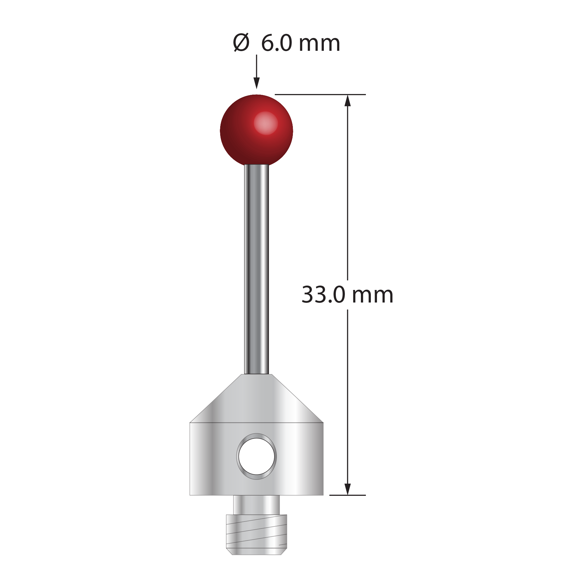M5 stylus with 6.0 mm diameter ruby ball, 2.0 mm diameter carbide stem, and 11.0 mm diameter x 10.0 mm long stainless steel base. Overall stylus length is 33.0 mm. Stylus weight is 7.31 grams.