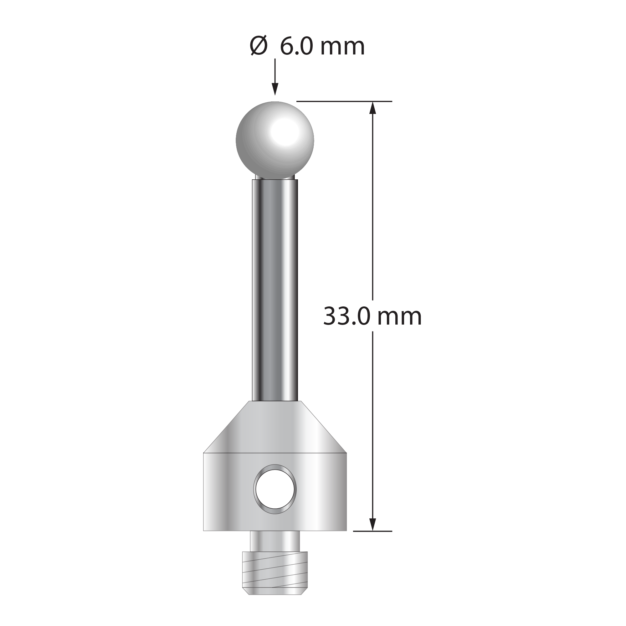 M5 stylus with 6.0 mm diameter zirconia ball, 3.5 mm diameter carbide stem, and 11.0 mm diameter x 10.0 mm long stainless steel base. Overall stylus length is 33.0 mm. Stylus weight is 9.70 grams.