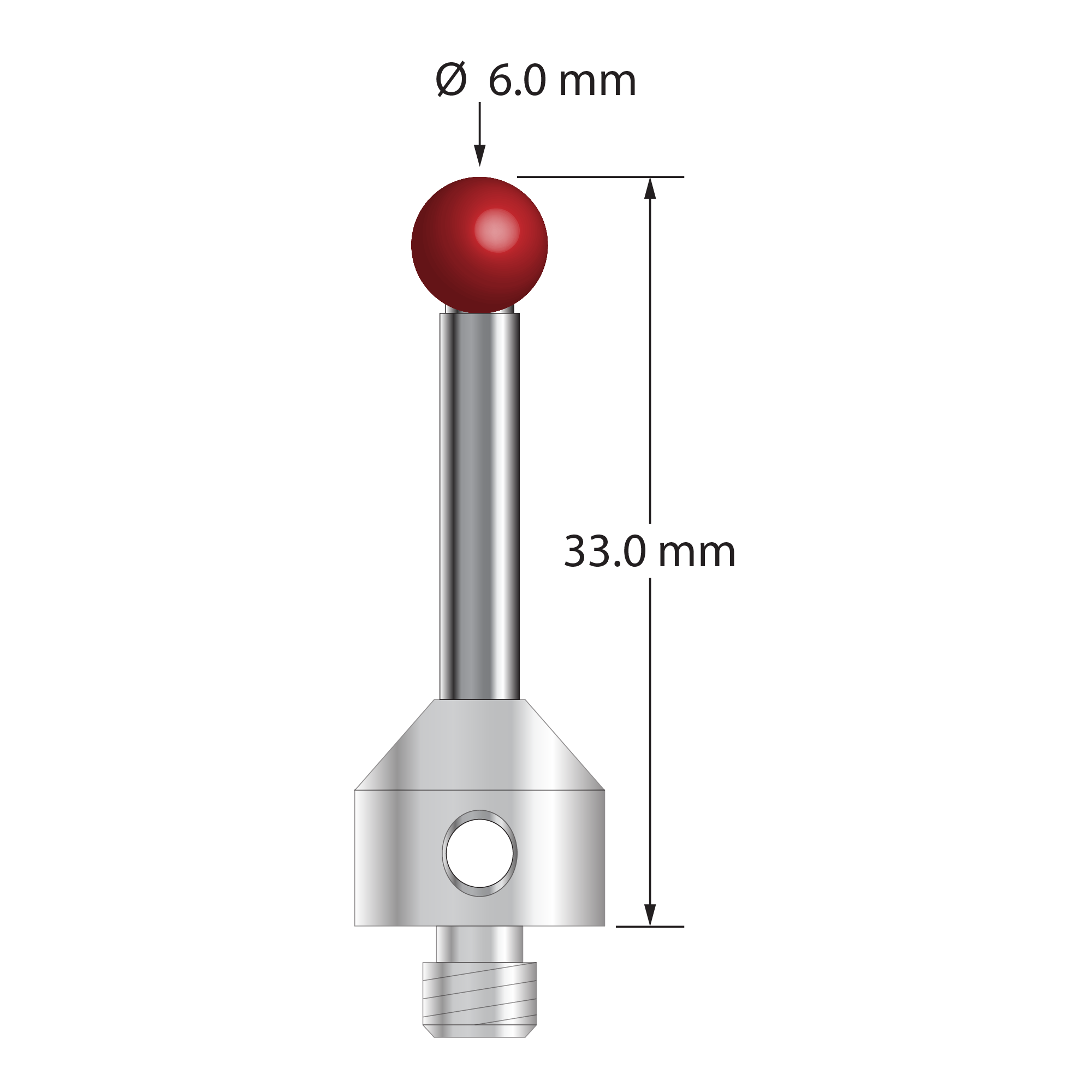 M5 stylus with 6.0 mm diameter ruby ball, 3.5 mm diameter carbide stem, and 11.0 mm diameter x 10.0 mm long stainless steel base. Overall stylus length is 33.0 mm. Stylus weight is 9.70 grams. Compare to Zeiss 626105-0614-033.