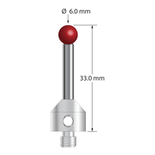 M5 stylus with 6.0 mm diameter ruby ball, 3.5 mm diameter carbide stem, and 11.0 mm diameter x 10.0 mm long stainless steel base. Overall stylus length is 33.0 mm. Stylus weight is 9.70 grams. Compare to Zeiss 626105-0614-033.