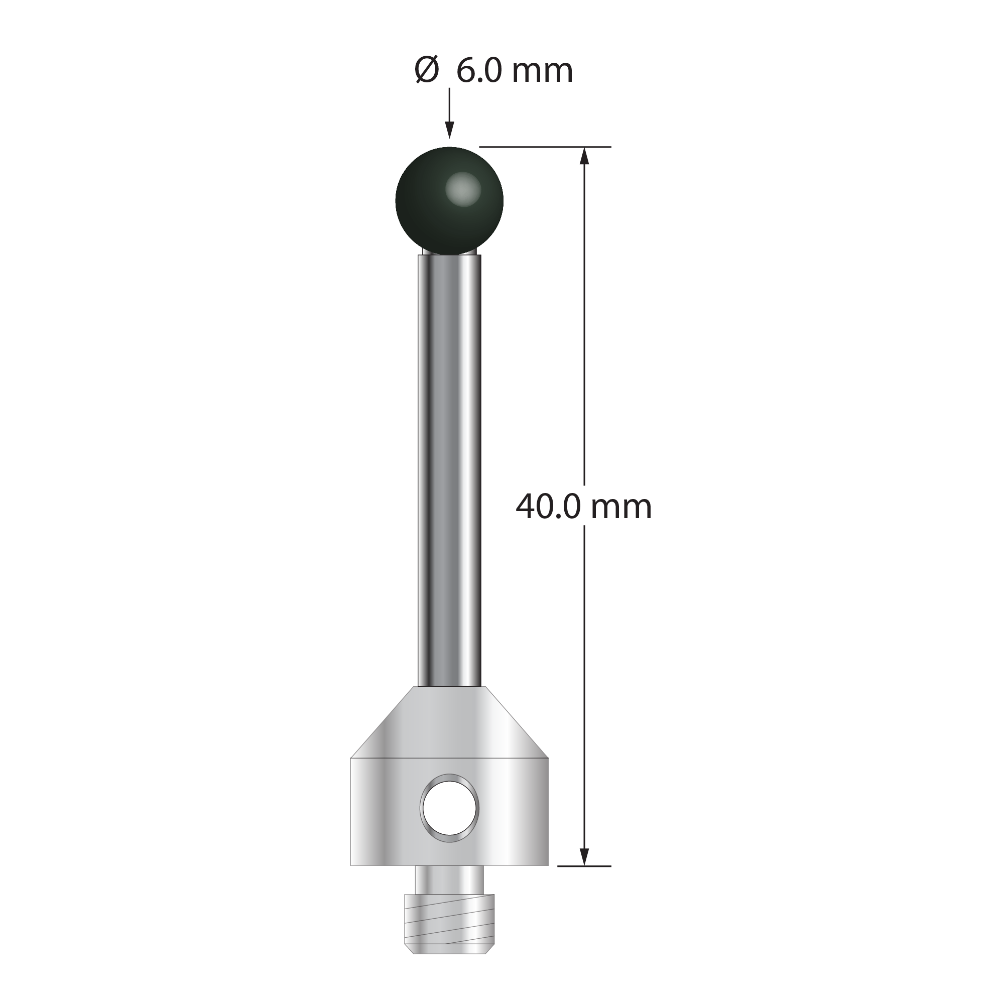 M5 stylus with 6.0 mm diameter silicon nitride ball, 3.5 mm diameter carbide stem, and 11.0 mm diameter x 10.0 mm long stainless steel base. Overall stylus length is 40.0 mm. Stylus weight is 10.67 grams. Compare to Zeiss 626105-0615-040.