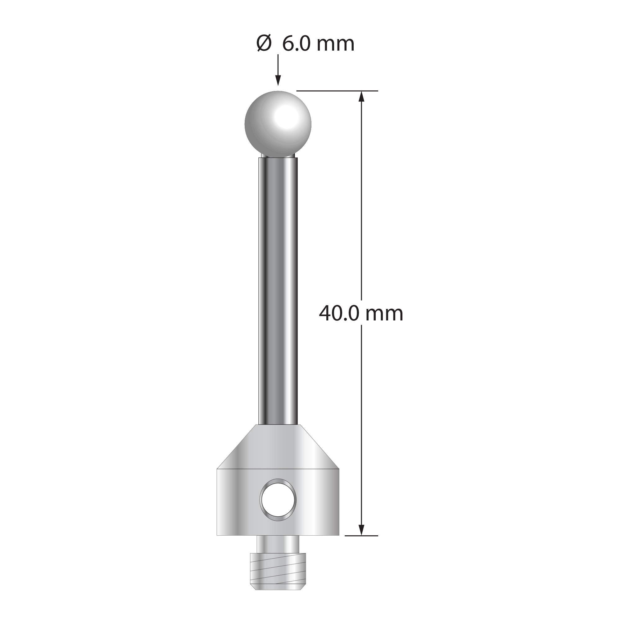 M5 stylus with 6.0 mm diameter zirconia ball, 3.5 mm diameter carbide stem, and 11.0 mm diameter x 10.0 mm long stainless steel base. Overall stylus length is 40.0 mm. Stylus weight is 10.67 grams.