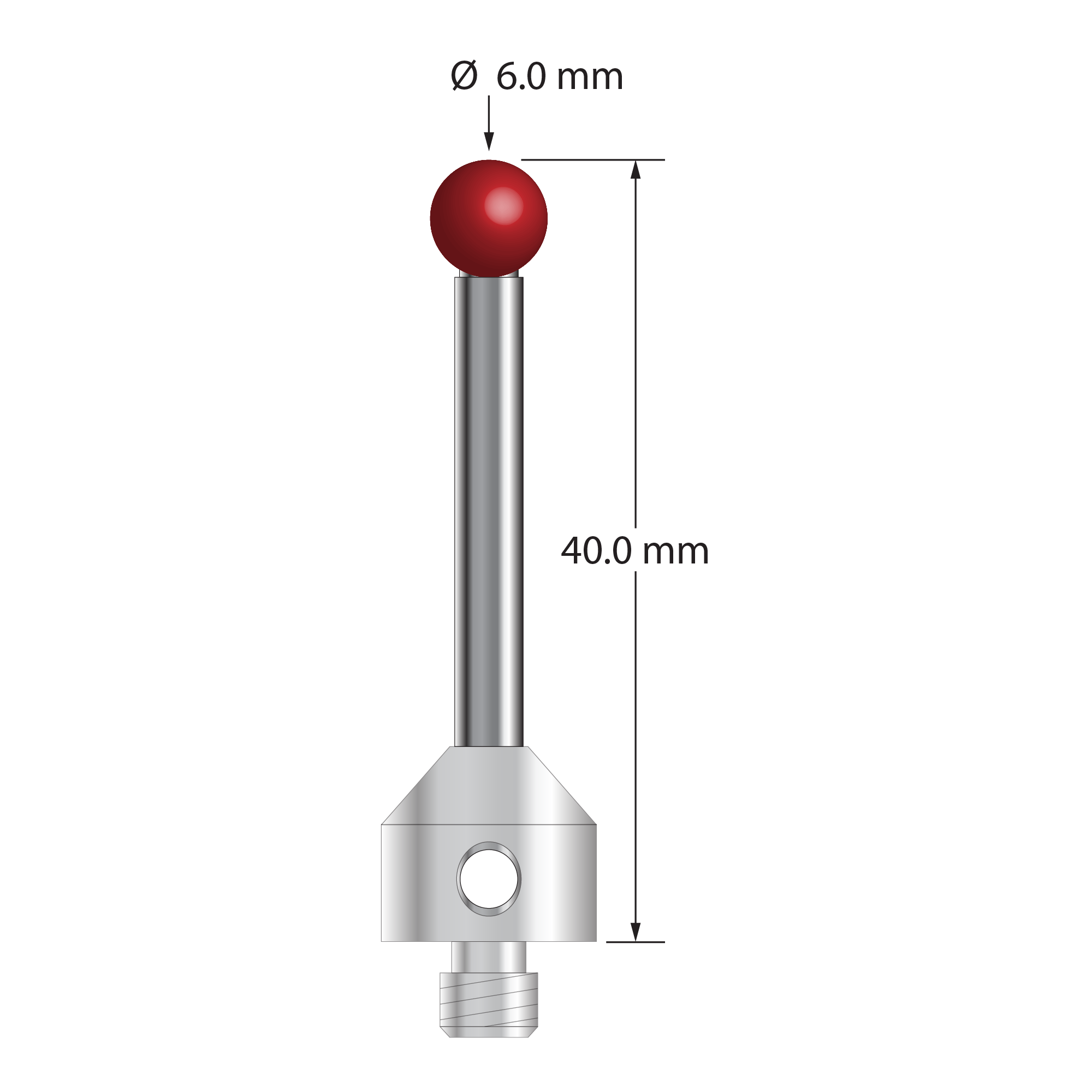 M5 stylus with 6.0 mm diameter ruby ball, 3.5 mm diameter carbide stem, and 11.0 mm diameter x 10.0 mm long stainless steel base. Overall stylus length is 40.0 mm. Stylus weight is 10.67 grams. Compare to Zeiss 626105-0614-040.