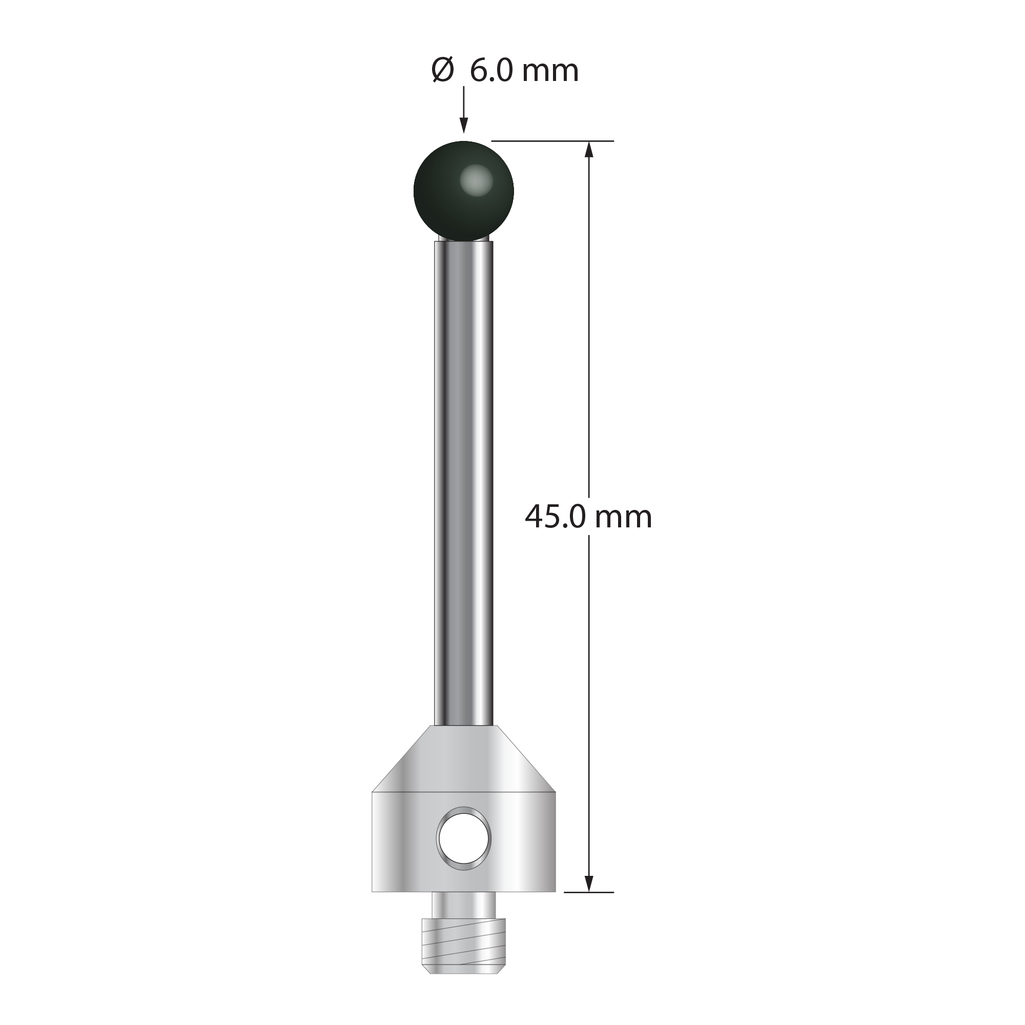 M5 stylus with 6.0 mm diameter silicon nitride ball, 3.5 mm diameter carbide stem, and 11.0 mm diameter x 10.0 mm long stainless steel base. Overall stylus length is 45.0 mm. Stylus weight is 11.36 grams. Compare to Zeiss 626105-0615-045.