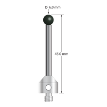 M5 stylus with 6.0 mm diameter silicon nitride ball, 3.5 mm diameter carbide stem, and 11.0 mm diameter x 10.0 mm long stainless steel base. Overall stylus length is 45.0 mm. Stylus weight is 11.36 grams. Compare to Zeiss 626105-0615-045.